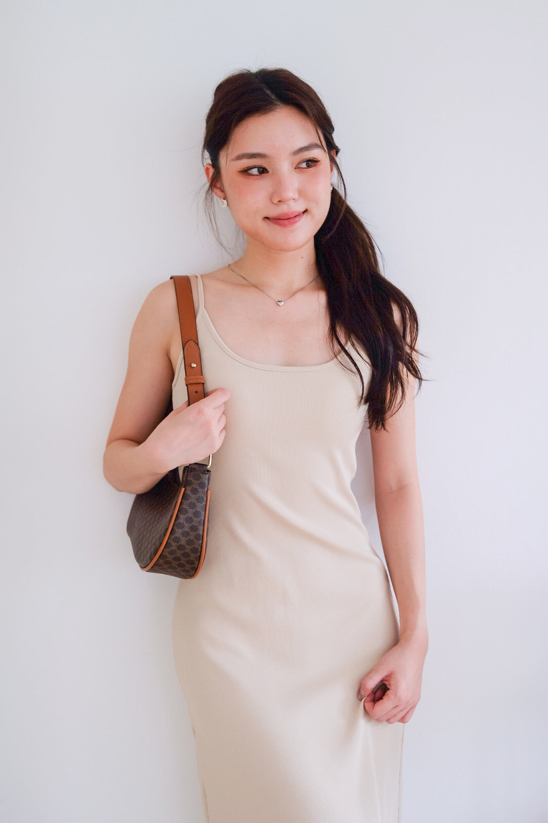 Jocelyn Padded Ribbed A Line Dress (Oat Beige)