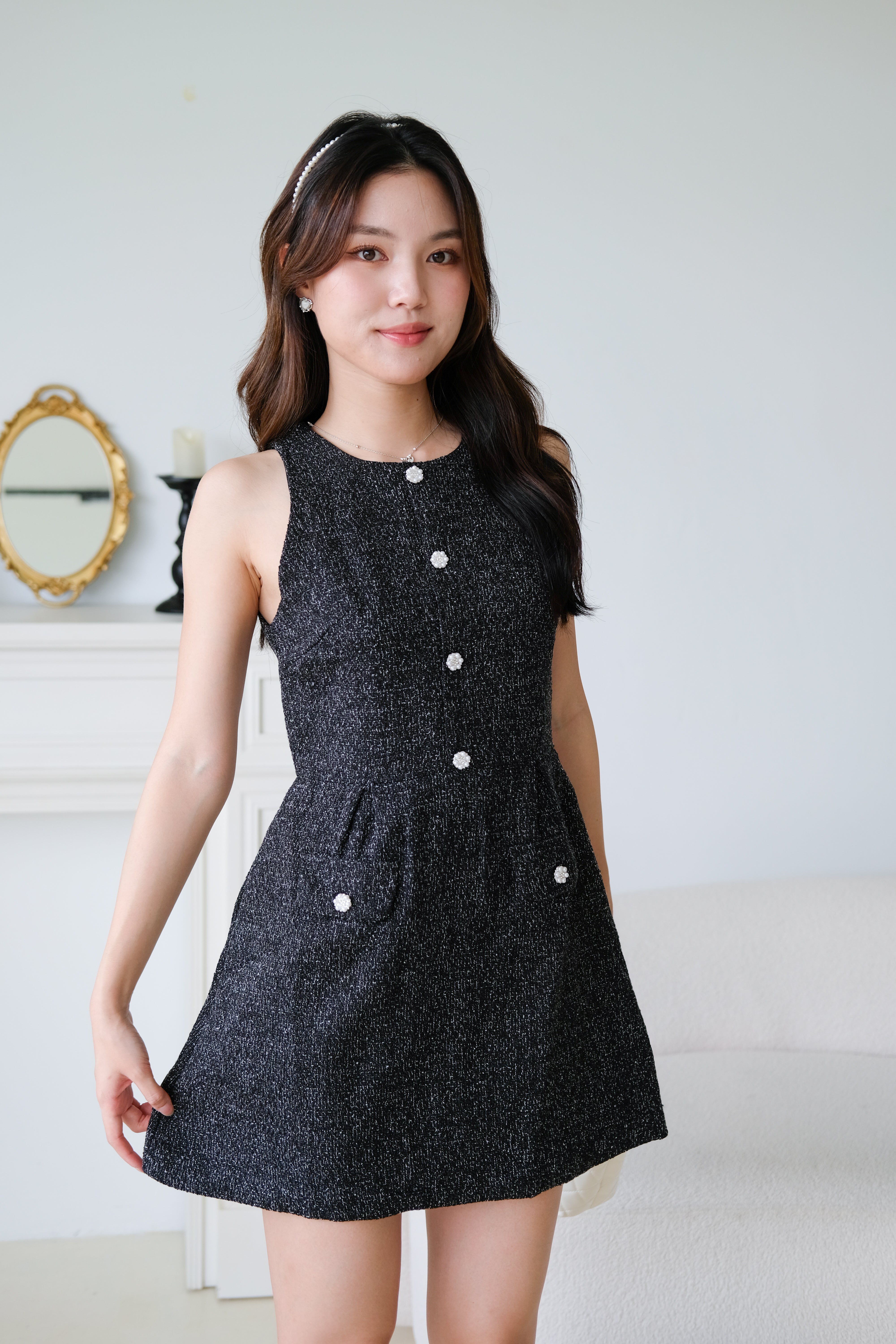 Pearly Tweed Halter Dress (Black)