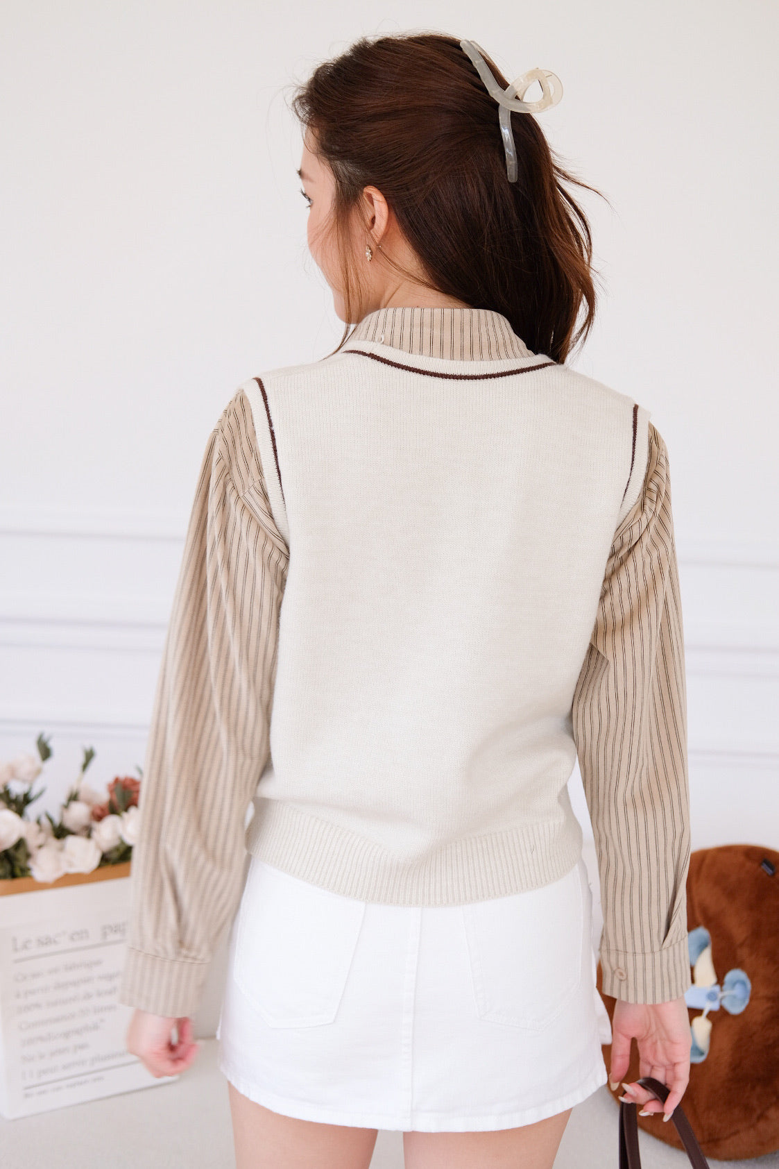 Tessa Contrast Knit Vest (Cream)