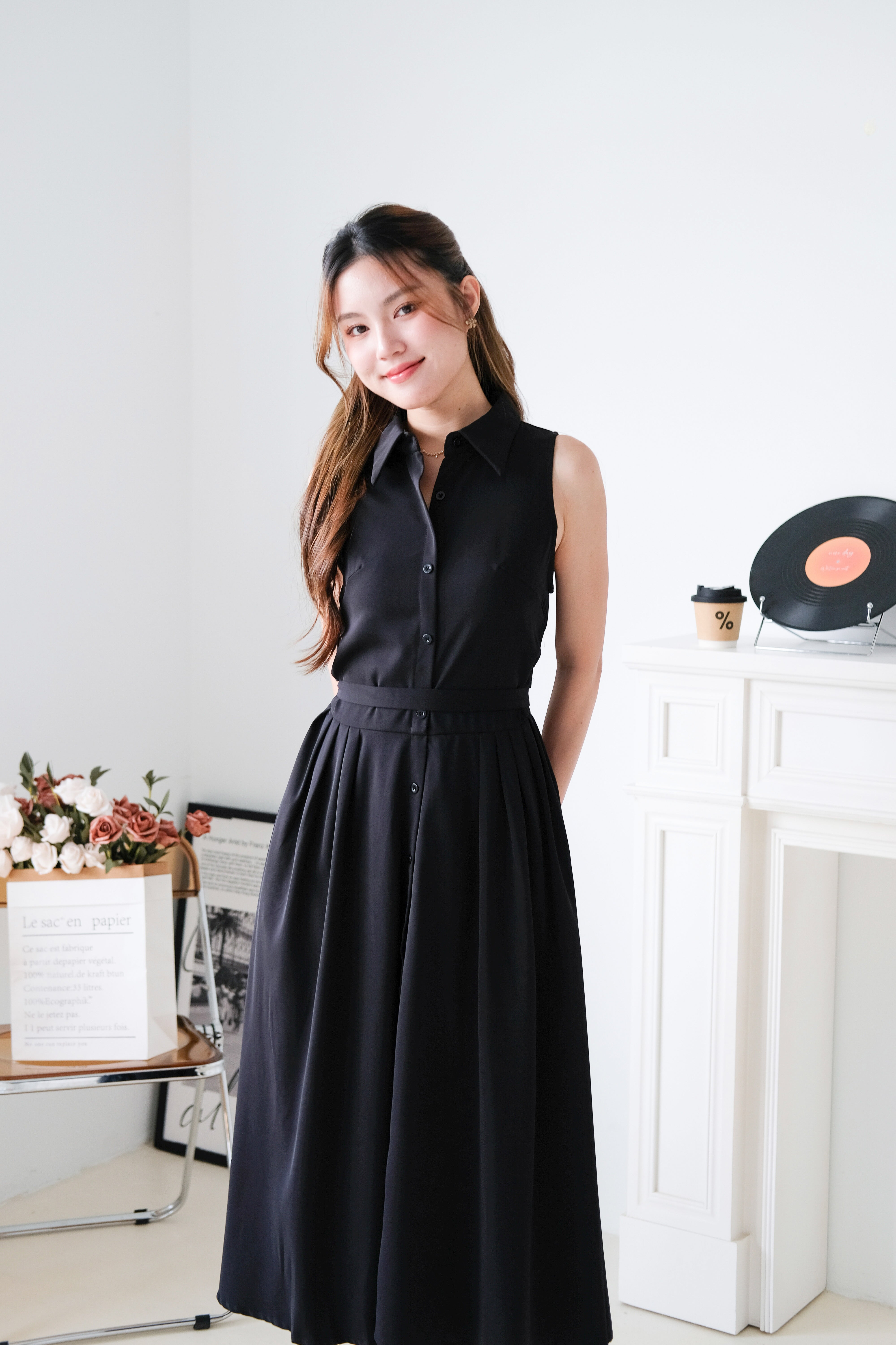 Camille Cinched Waist Collared Maxi Dress (Black)