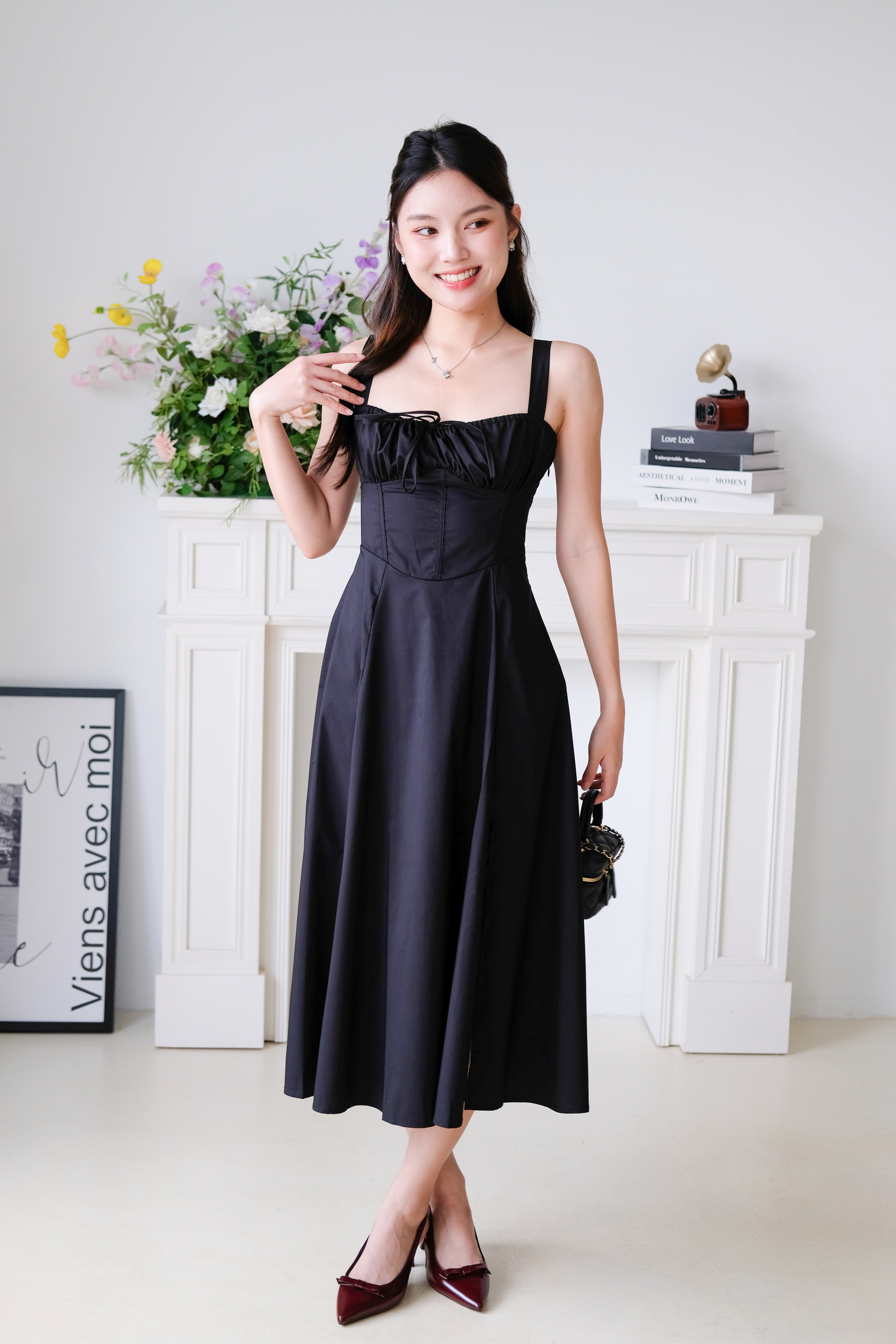 Claire Ruched Slit Midaxi Dress (Black)