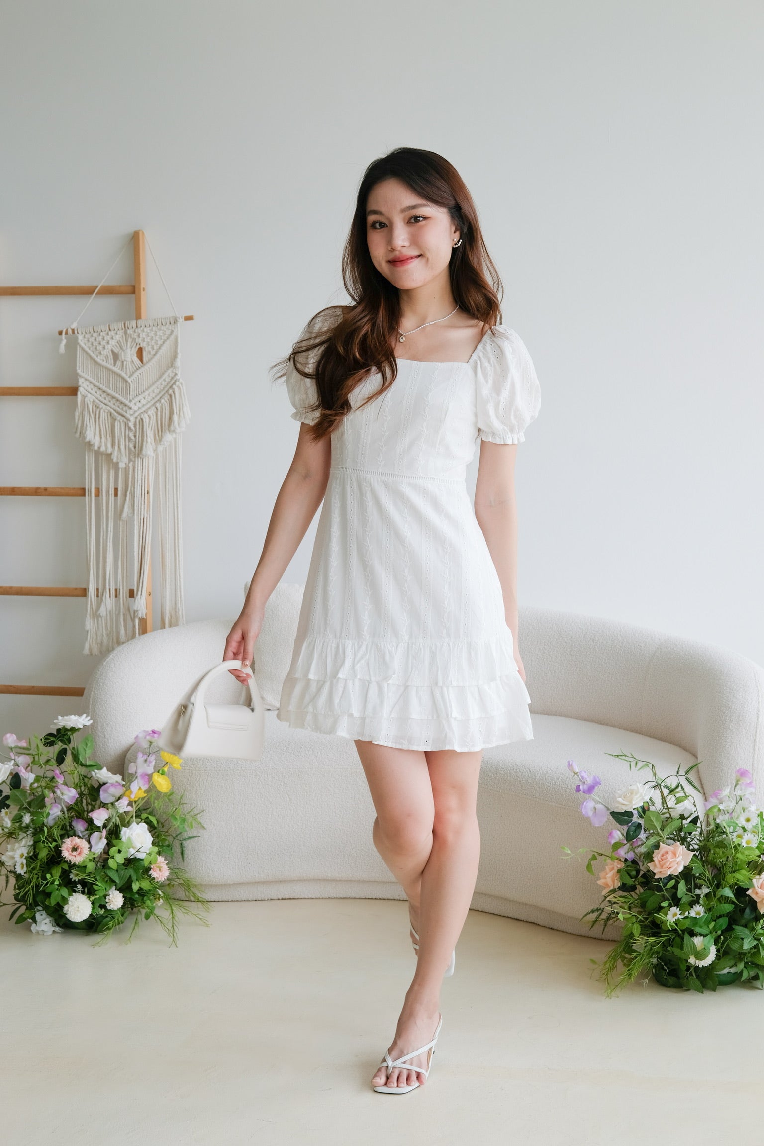 Evelyn Eyelet Ruffle Dress (White)