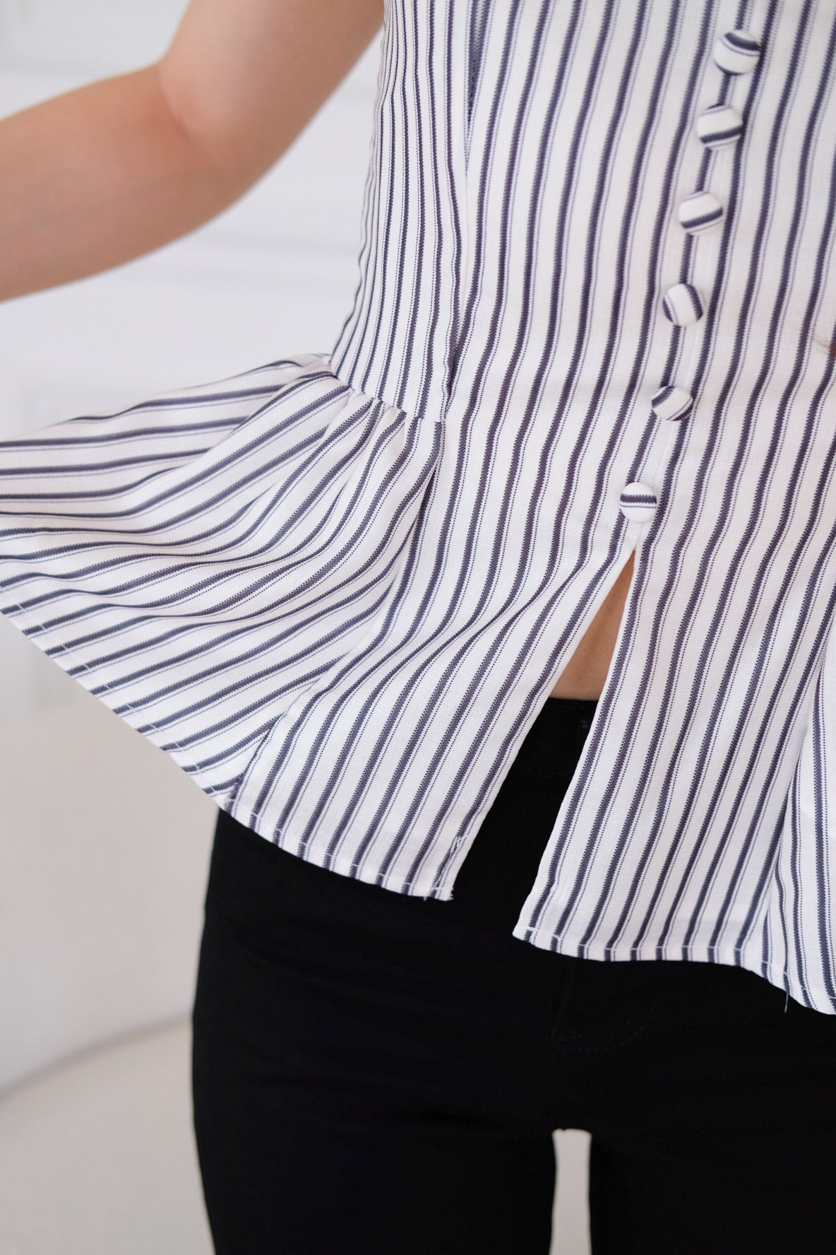 Naylie Peplum Front Slit Top (Blue Stripes)