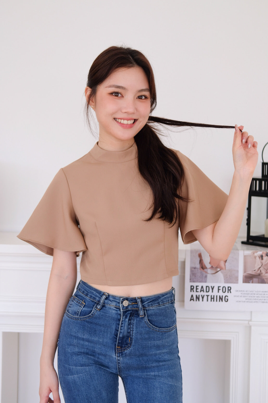 Veena Flutter Sleeves High Neck Top (Khaki)