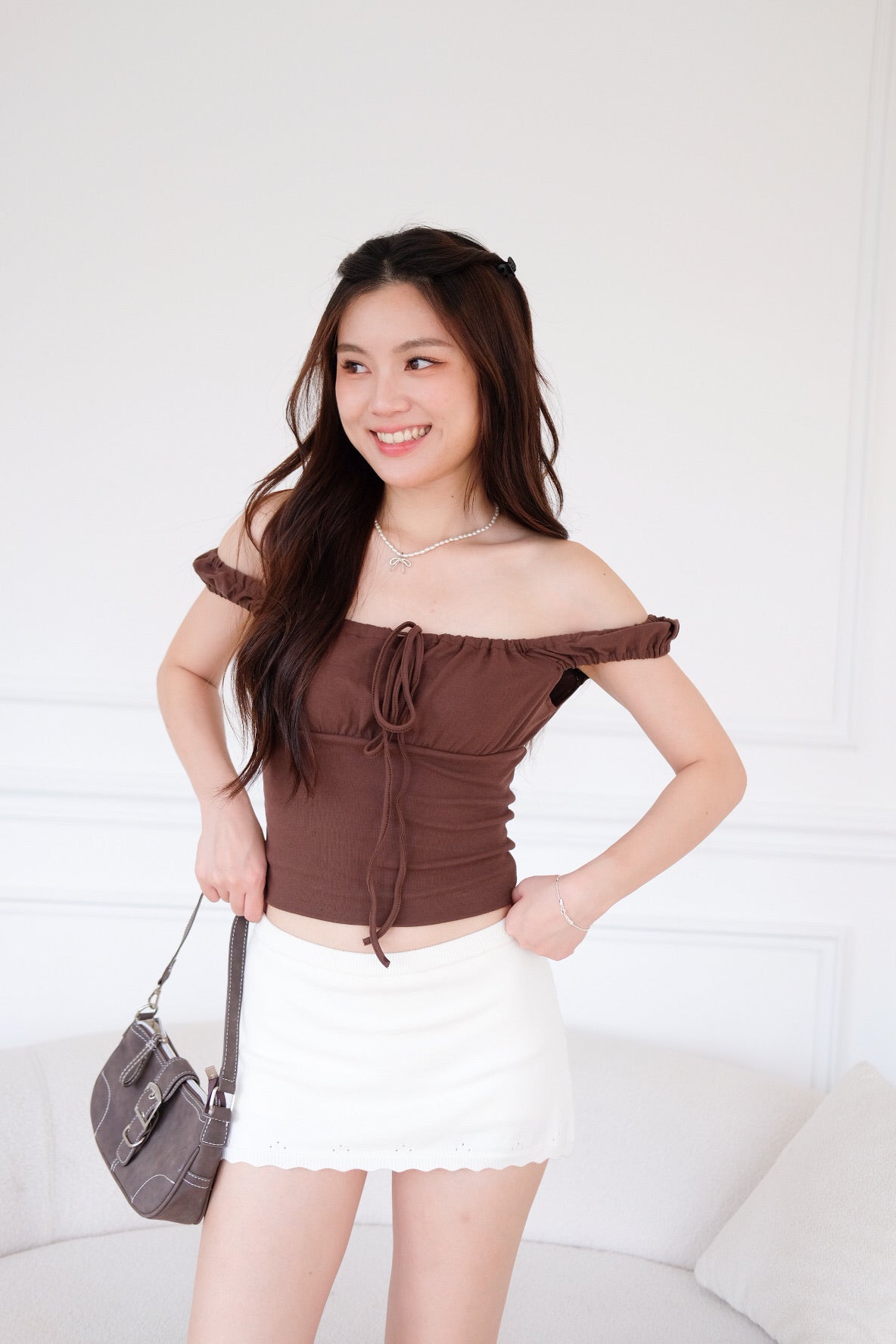 Kimmy Ruched Off Shoulder Crop Top (Mocha)