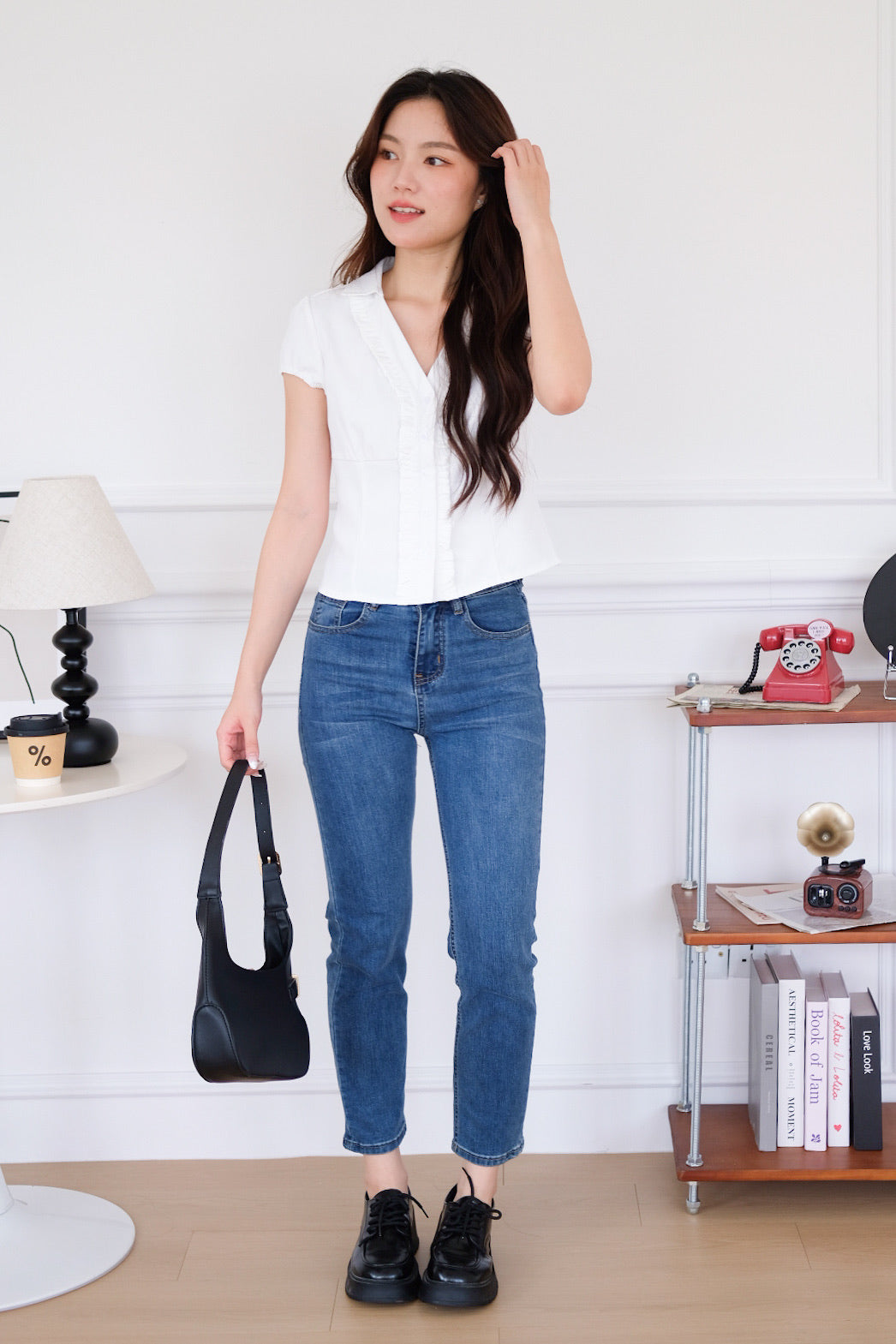 Marais Collared Ruffle Blouse Top (White)