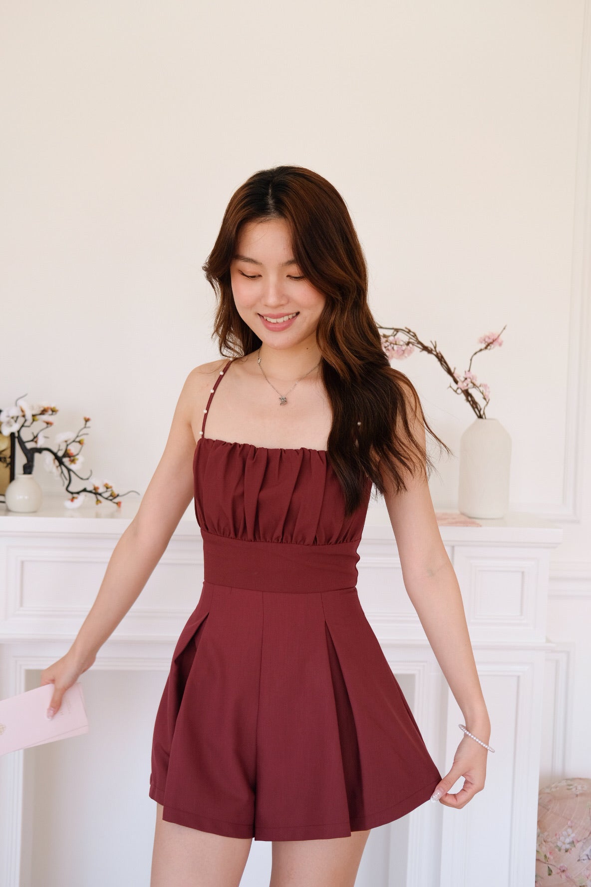 [ETA 12-16 Jan] Ivonne Ruched Flare Padded Romper (Wine)