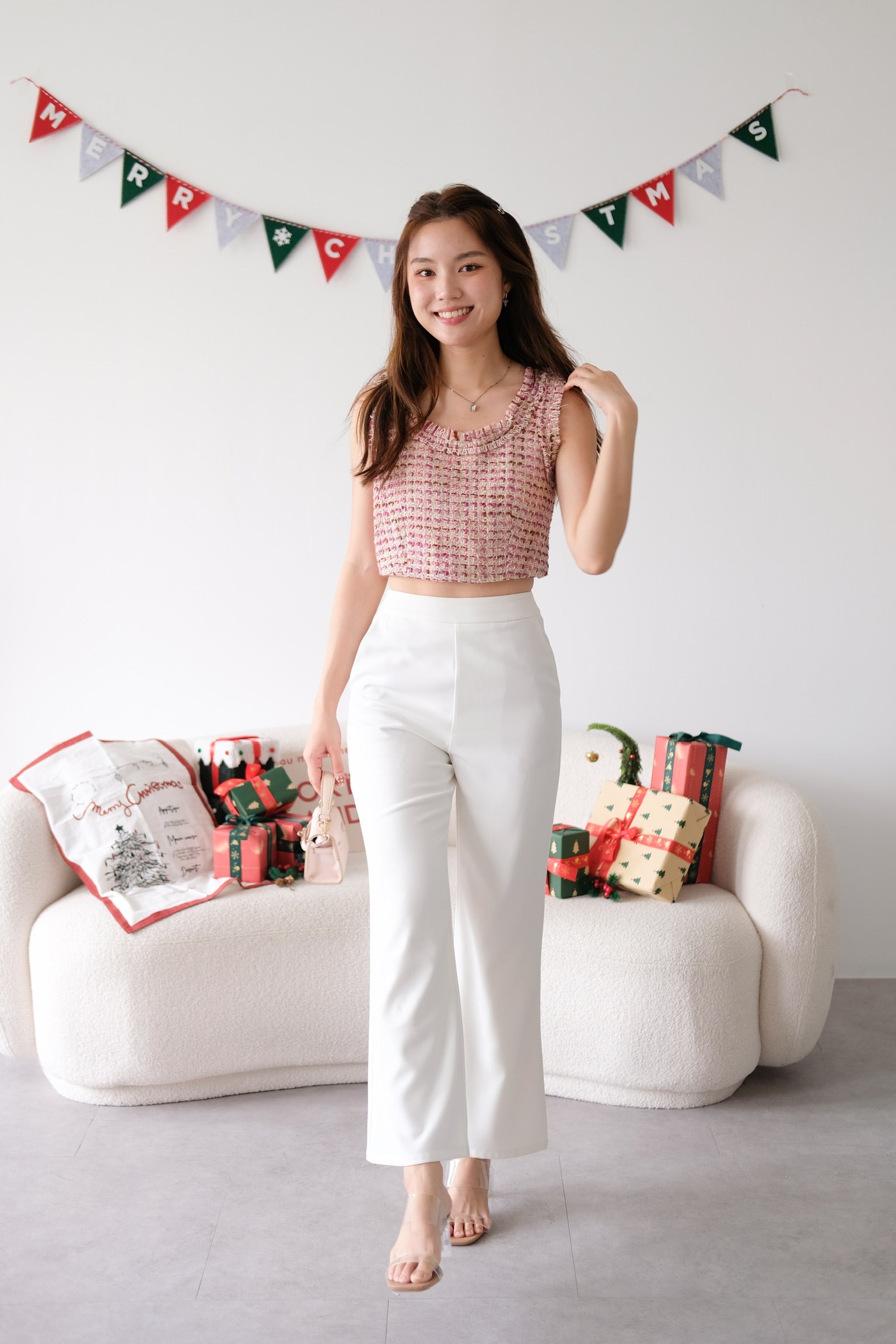 Mirea Frills Tweed Crop Top (Magenta)