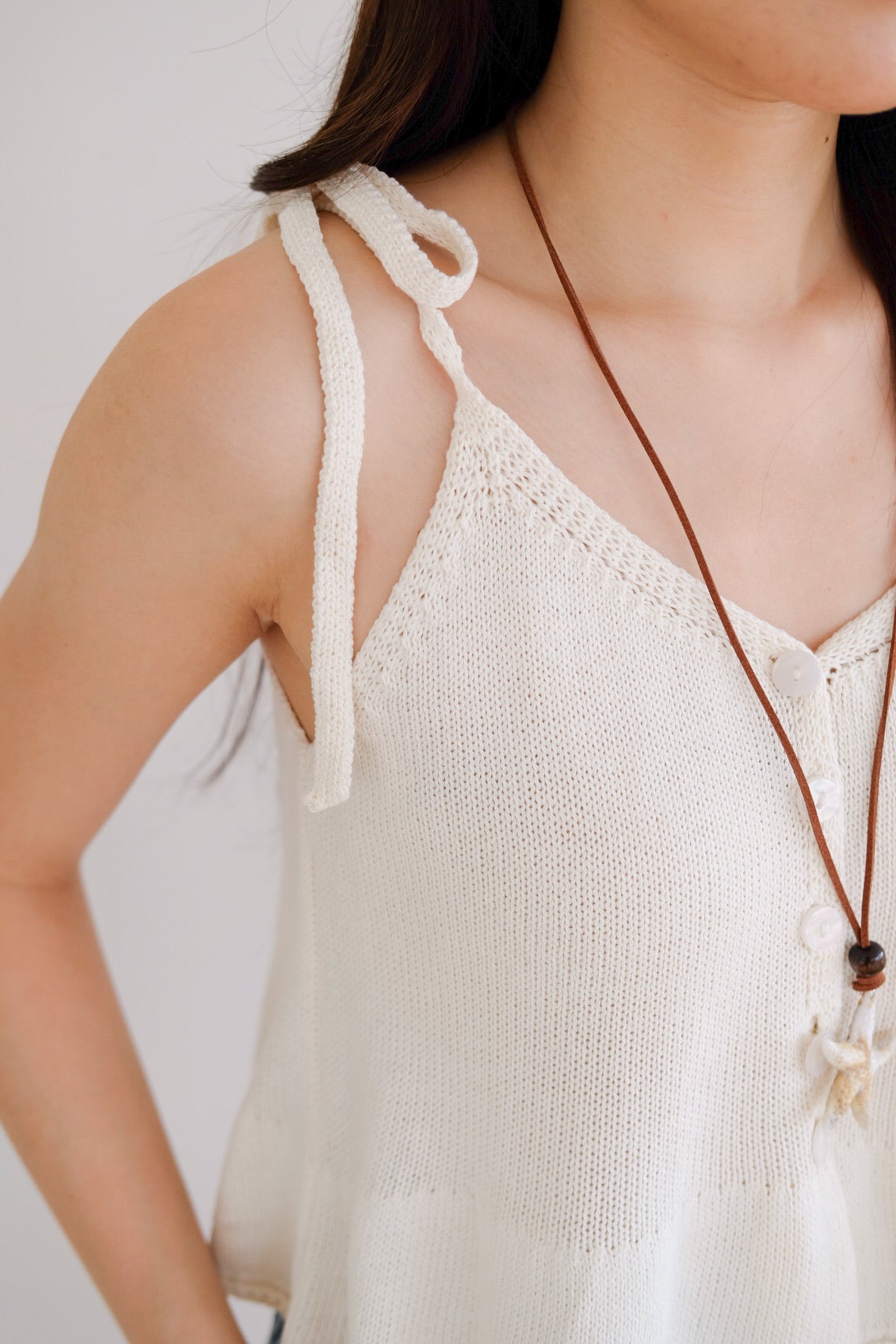 Gracie Self Tie Button Knit Top (Cream)