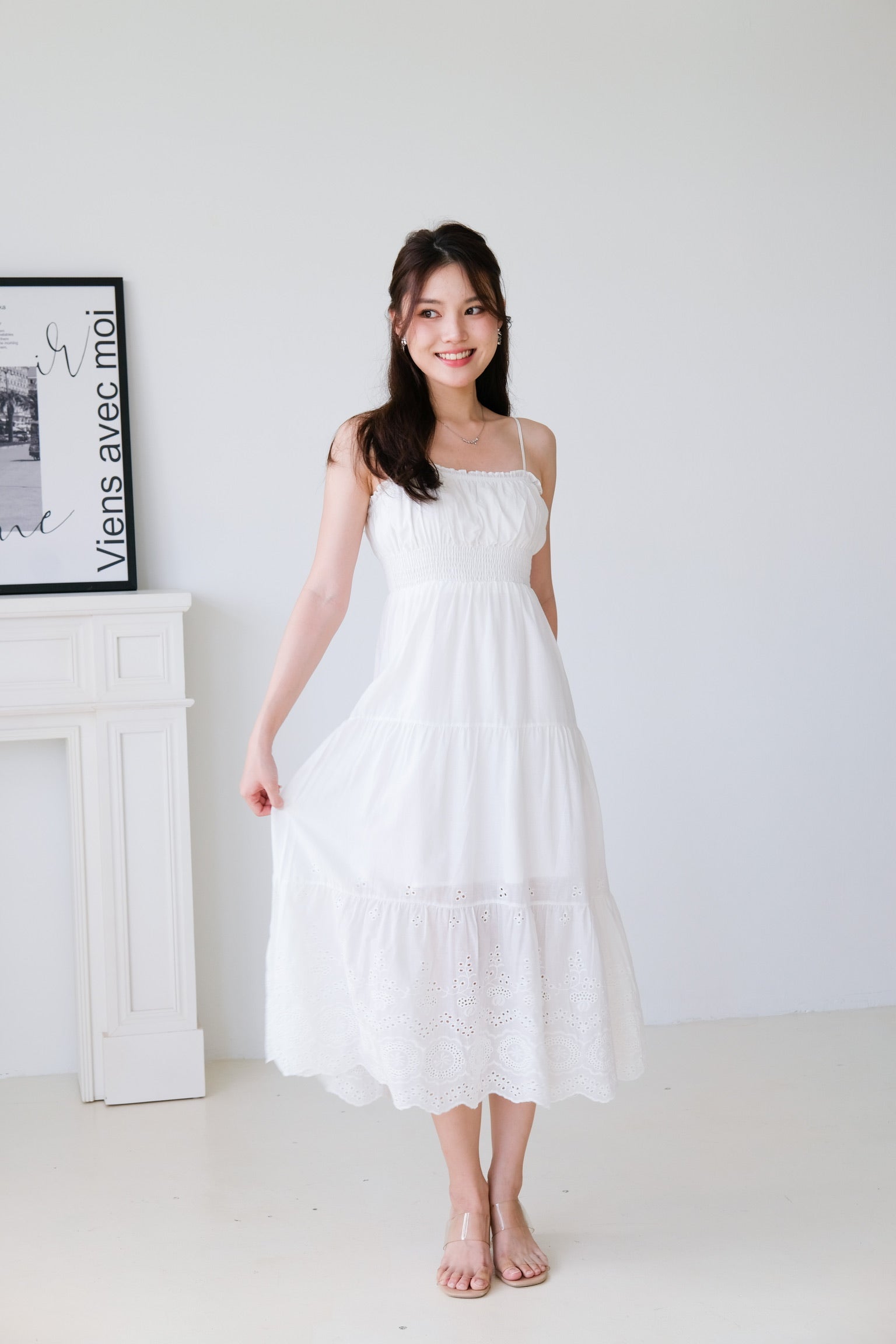 Adelaide Smocked Eyelet Maxi Dress (White)