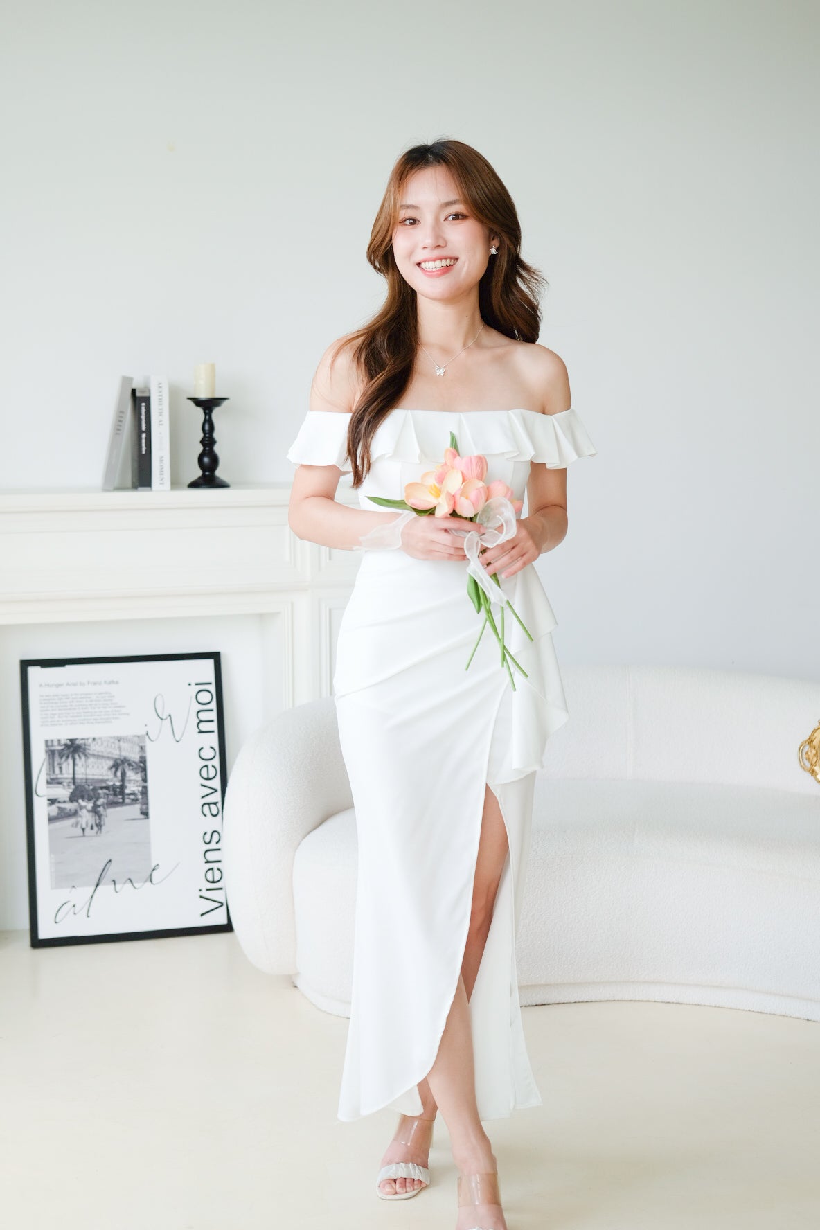 Dione Off Shoulder Slit Dinner Maxi Dress (White)
