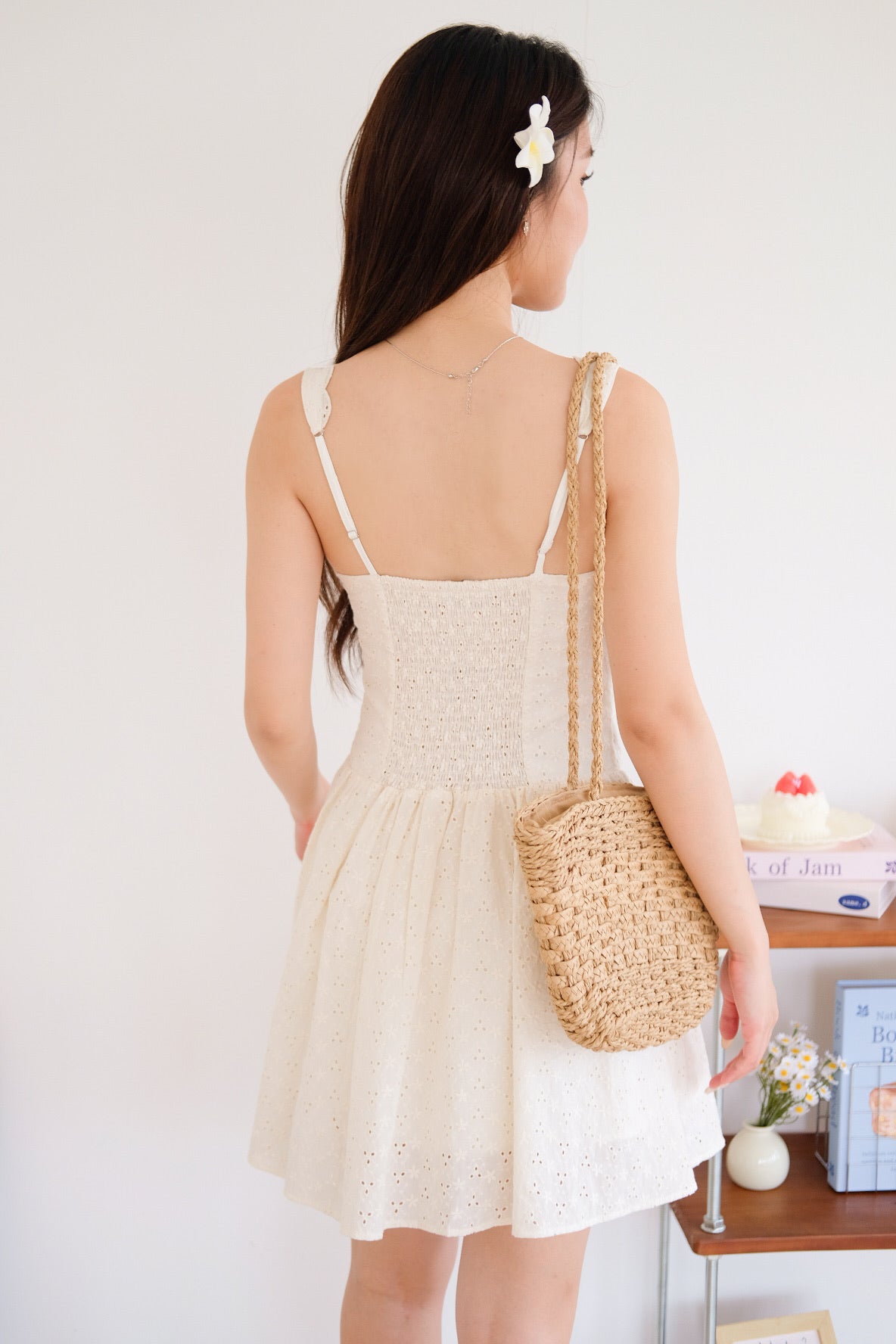 Reyna V Neck Eyelet Skater Dress (Cream)