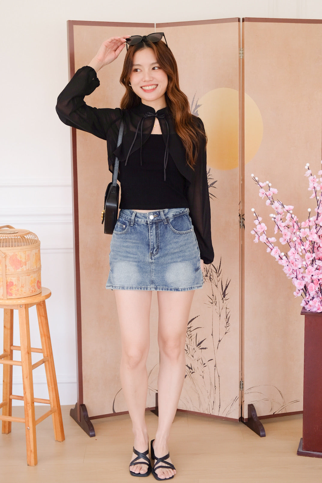 清 Qing 2 in 1 Long Sleeves Cheongsam Top (Black)