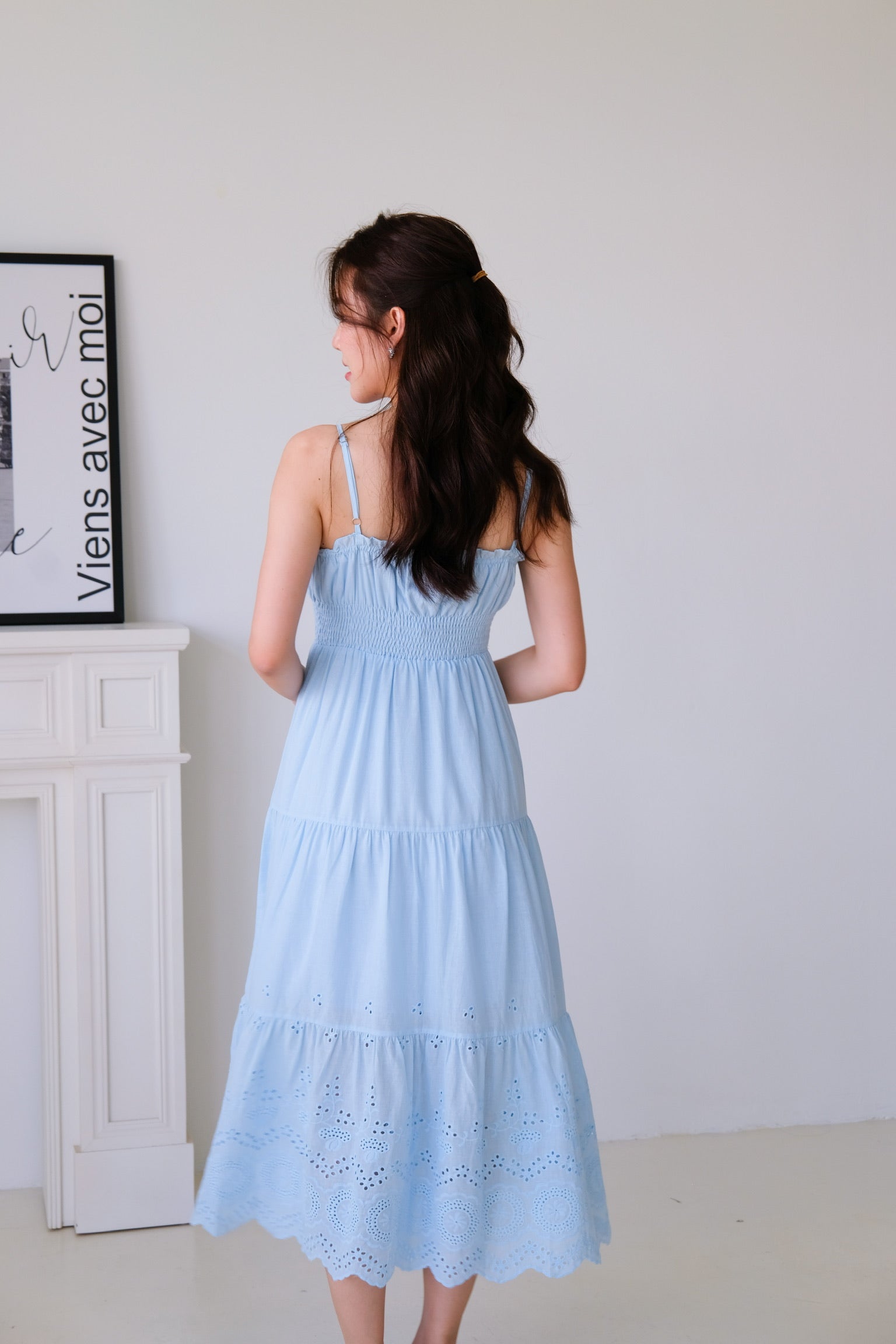 Adelaide Smocked Eyelet Maxi Dress (Sea Blue)