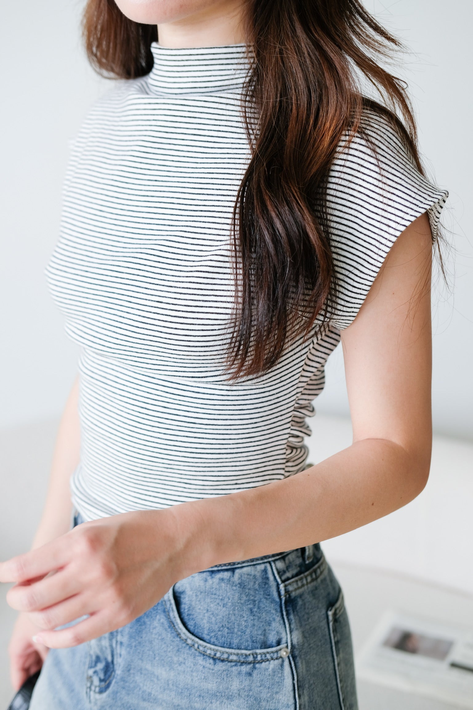 Lucca Batwing High Neck Shirt (White Stripes)