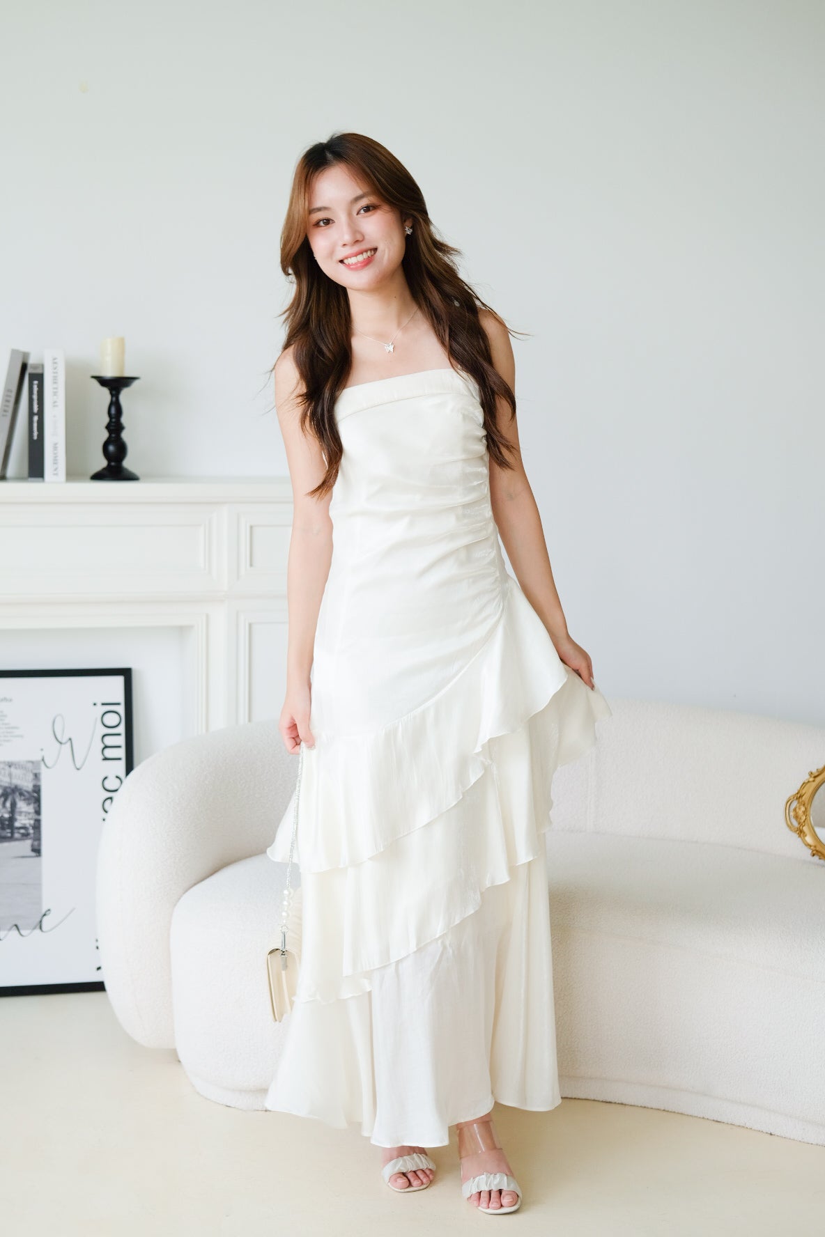 Vicky Ruffle Tiered Dinner Maxi Dress (Cream)