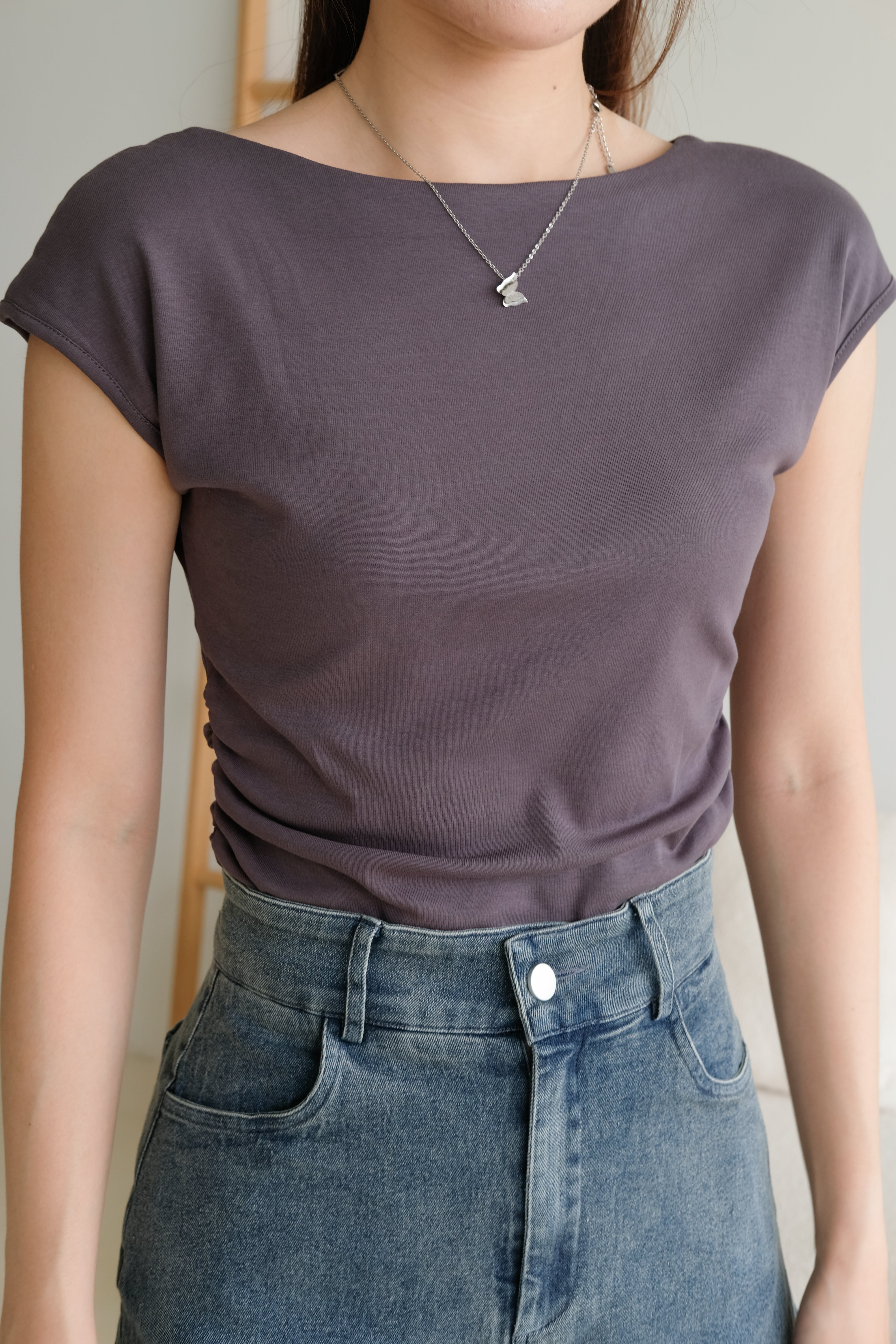 Zola Boatneck Ruched Tee (Steel Grey)