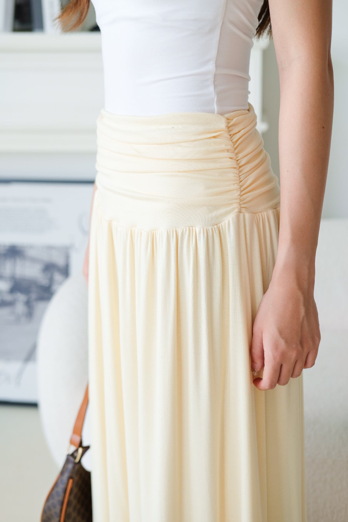 Emmeline Ruched Maxi Skirt (Pale Yellow)