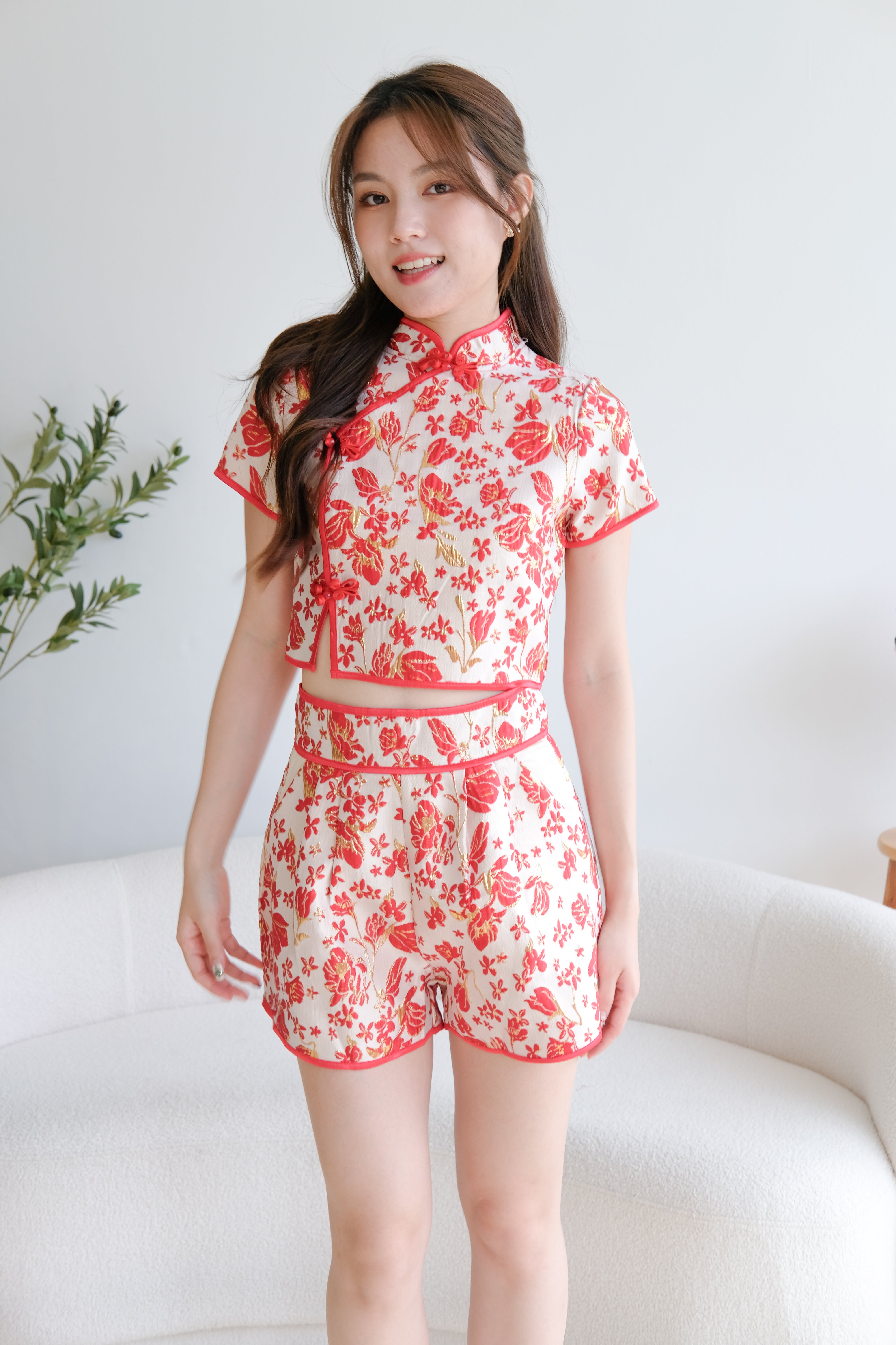 Ming Contrast Cheongsam Set (Red)