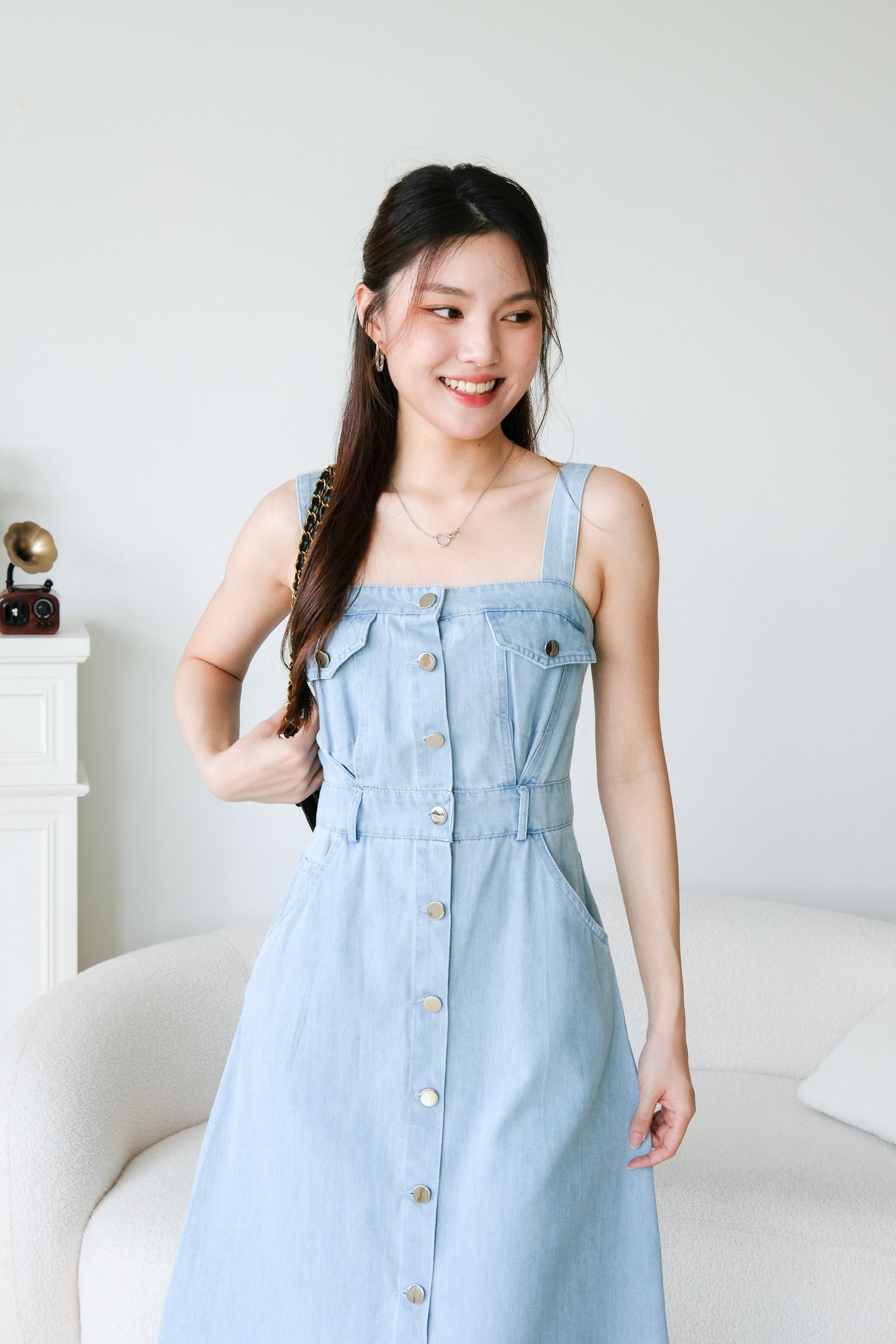 Ean Button Down Denim Maxi Dress (Light Blue)