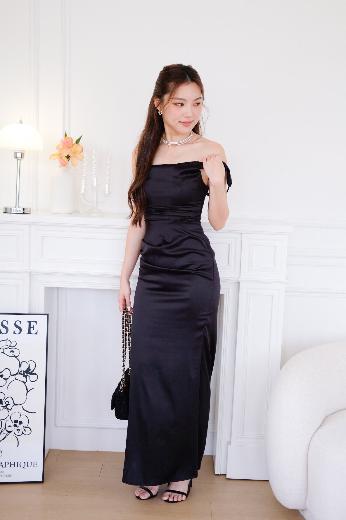 Ophelia Satin Mermaid Maxi Dress (Black)
