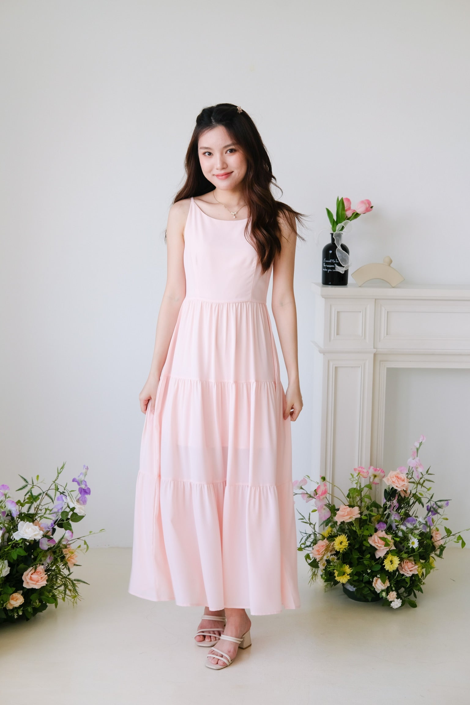 Bernice Boatneck Tiered Maxi Dress (Peach Pink)