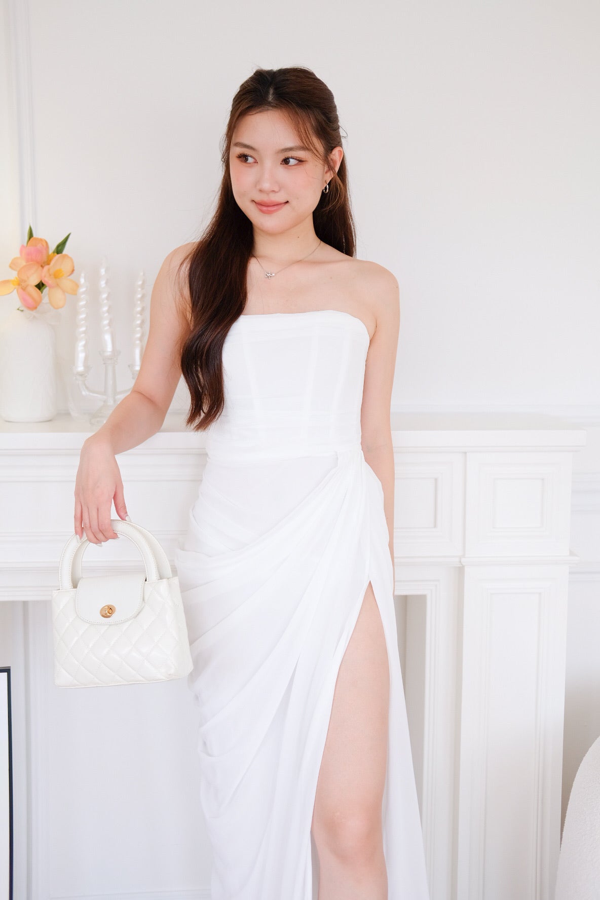 Seraphina Tube Corset Slit Maxi Dress (White)