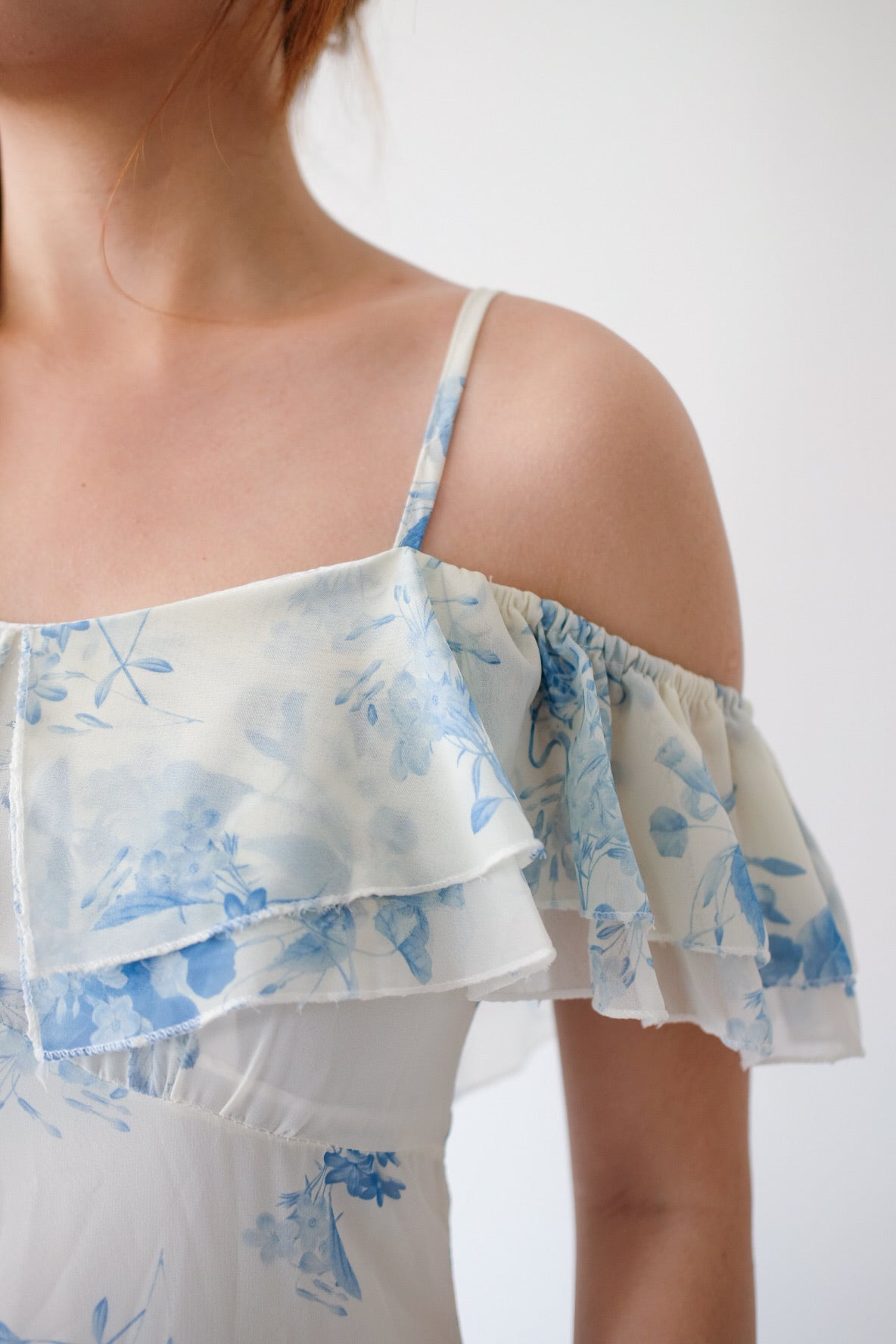 Blue Floral Off Shoulder Ruffle Maxi Dress