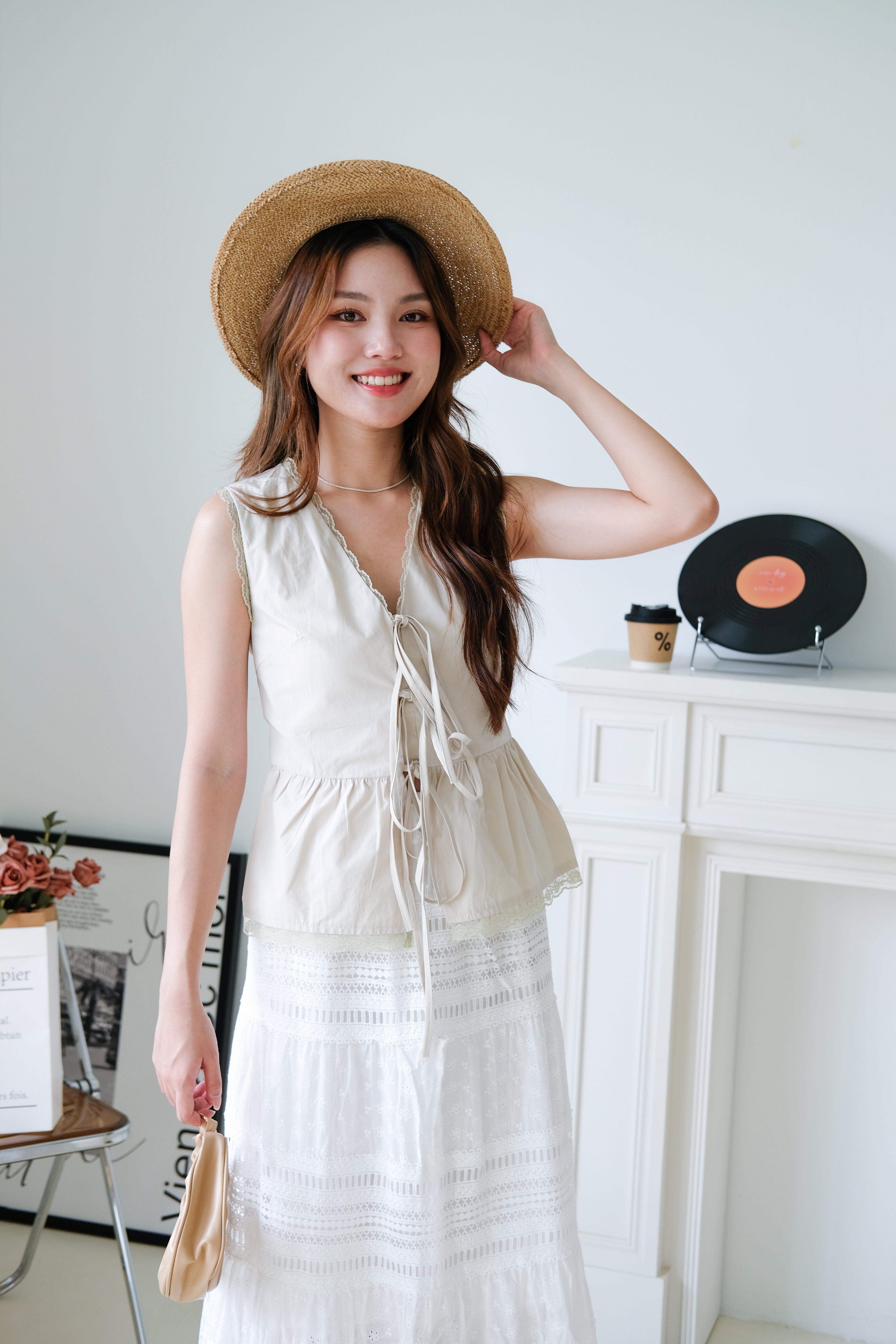 Jeanne Lace Drawstring Peplum Top (Taupe)