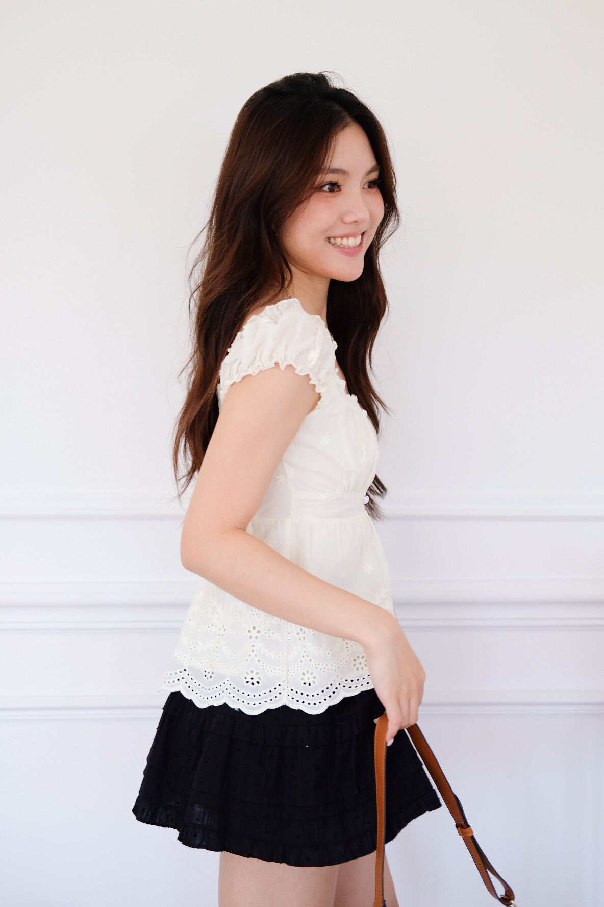 Kylin Eyelet Ruched Peplum Top (Cream)