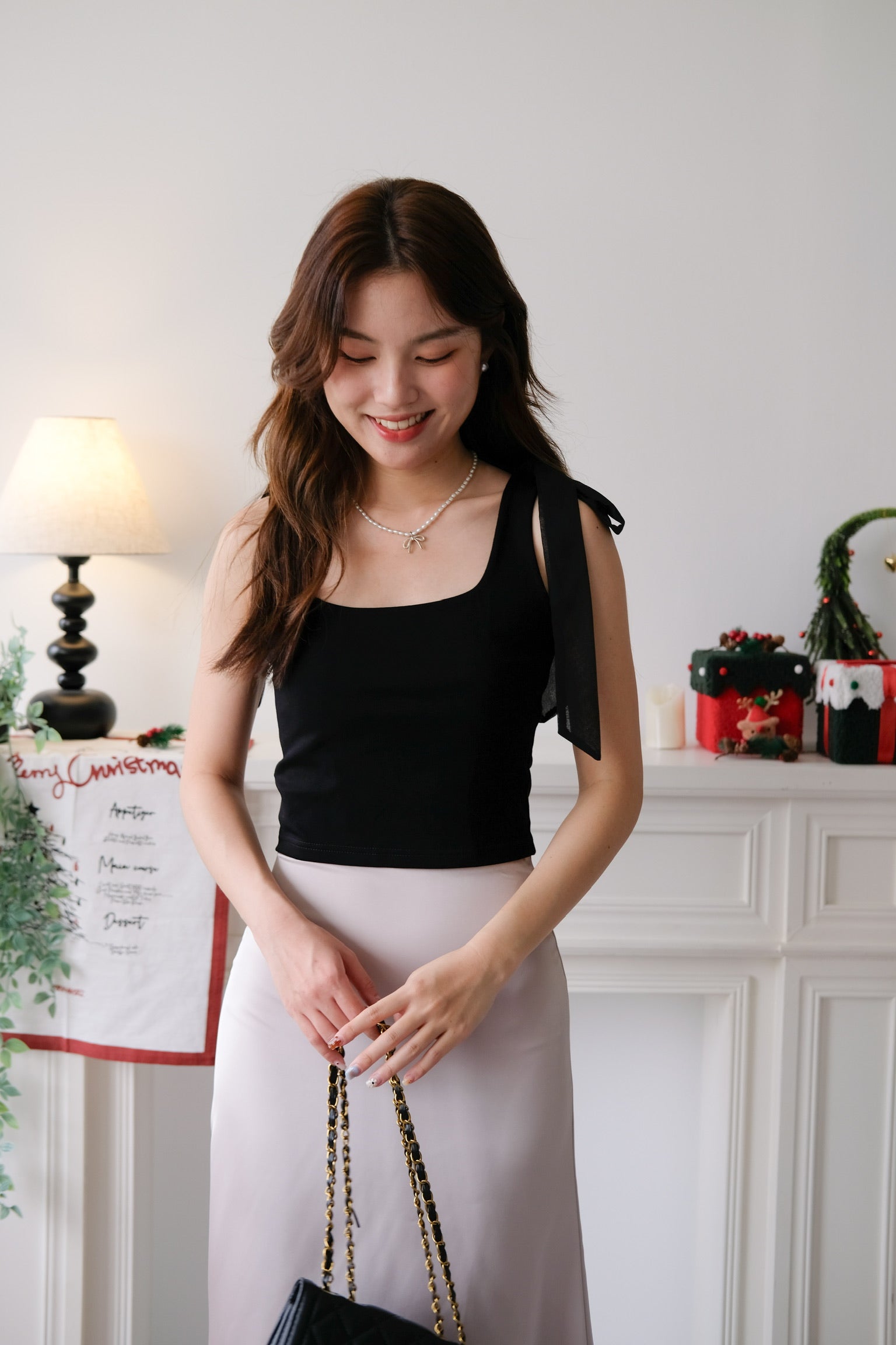 Bridget Self Tie Ribbon Crop Top (Black)