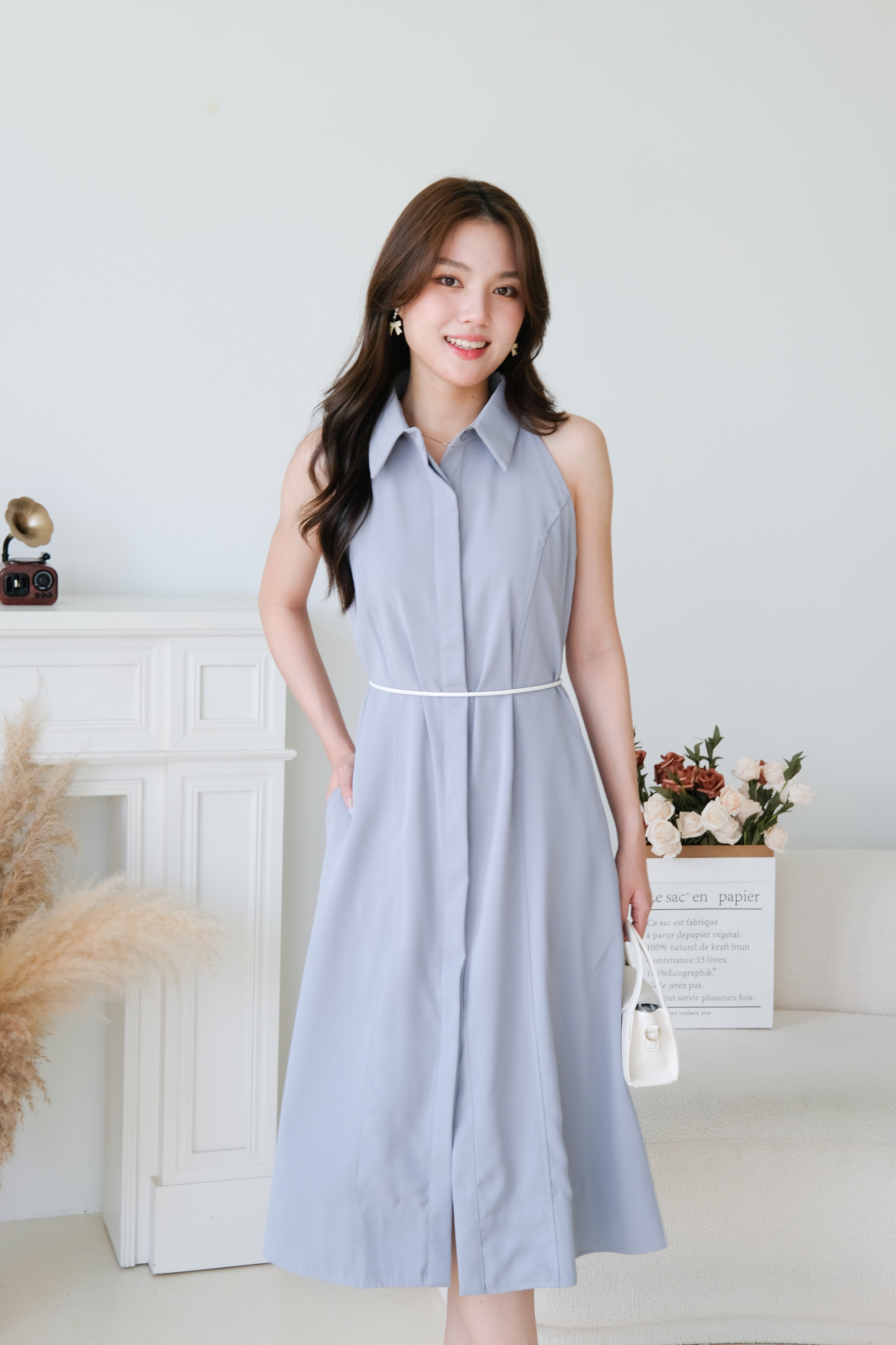 Eletta Collared A Line Dress (Dusty Blue)