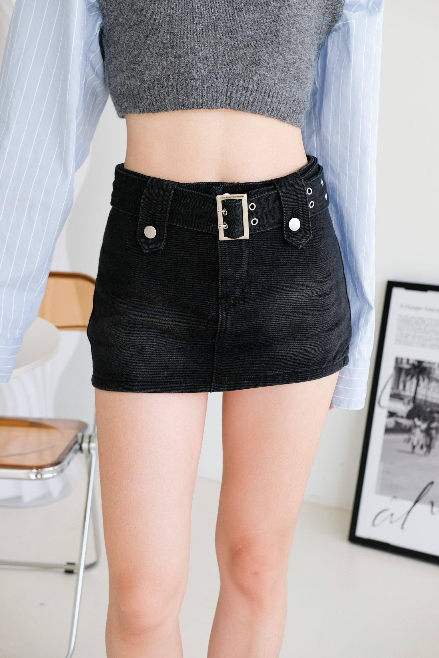 Faye Belt Denim Skirt (Denim Grey)