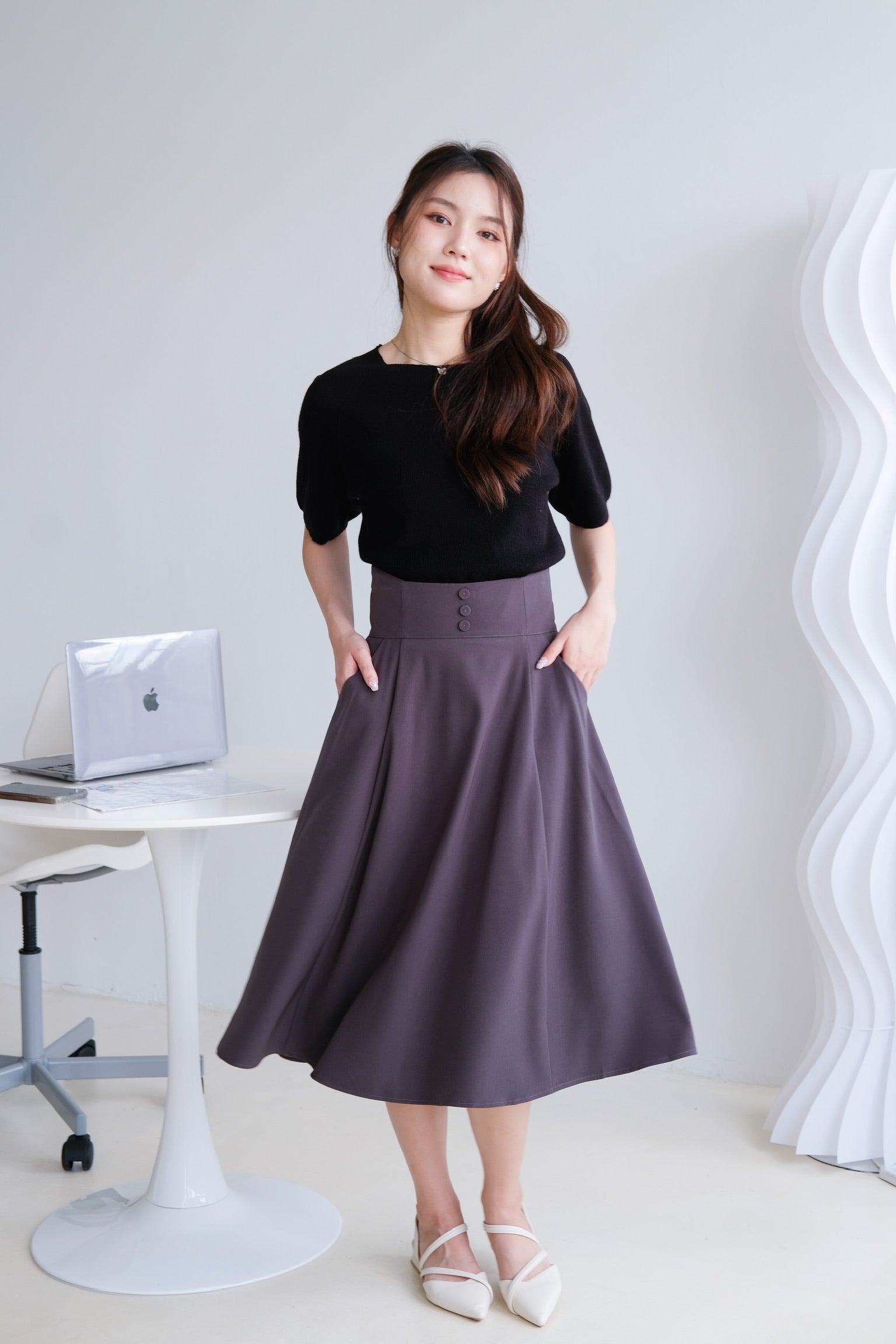 Donna Pocket A Line Midi Skirt (Steel grey)