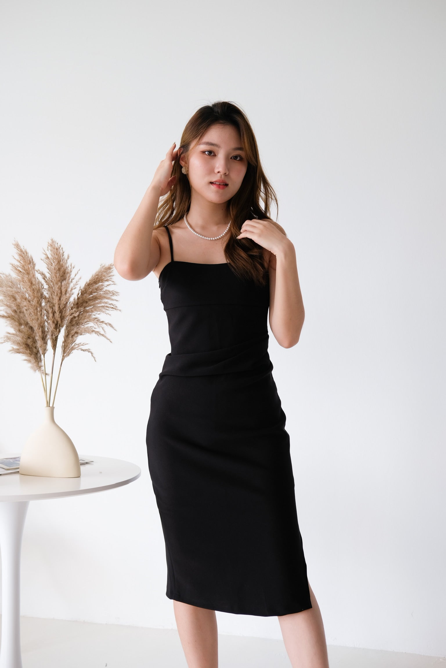 Claudine Ruched Midi Dress (Black)