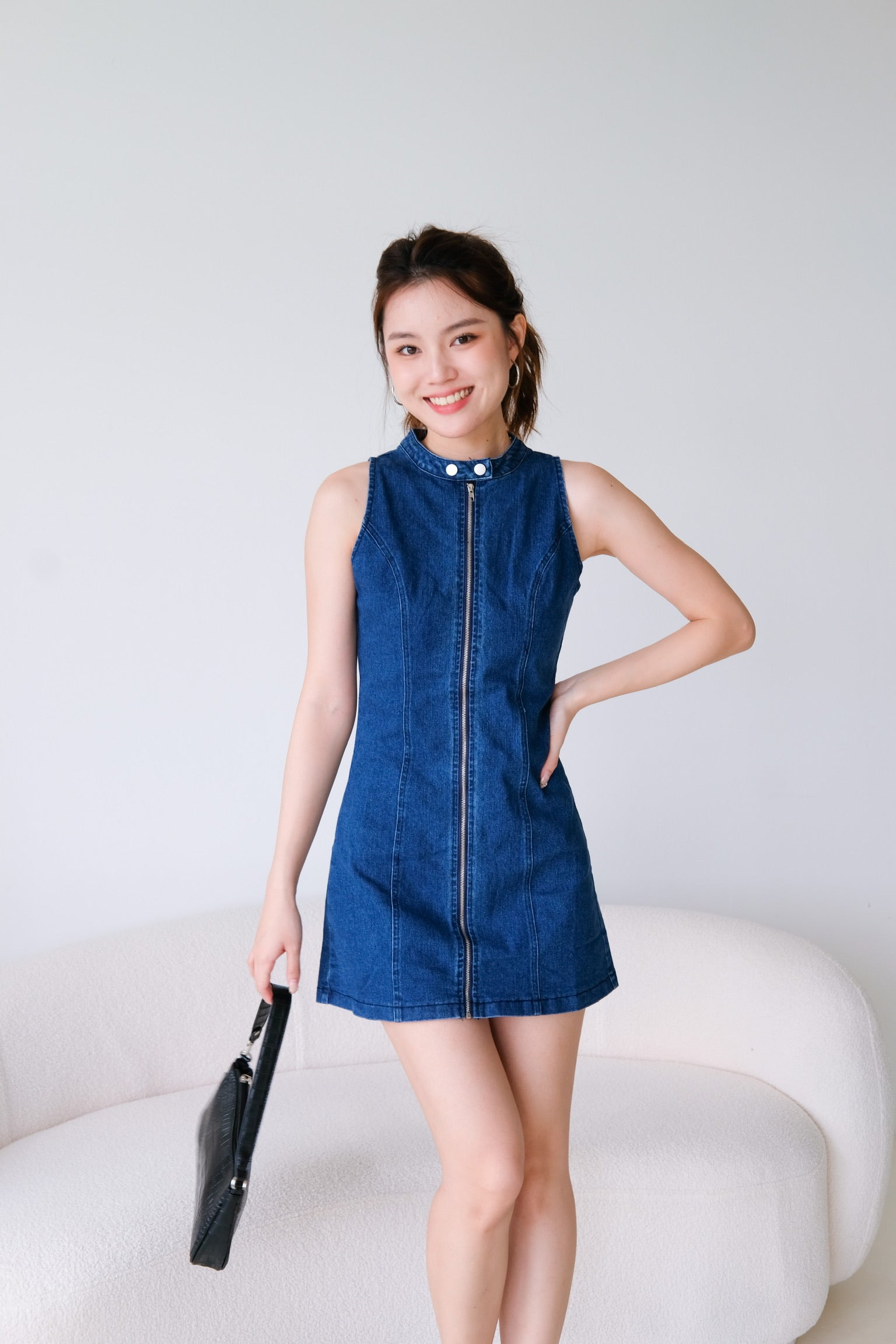 Joee High Neck Denim Dress (Dark Denim)