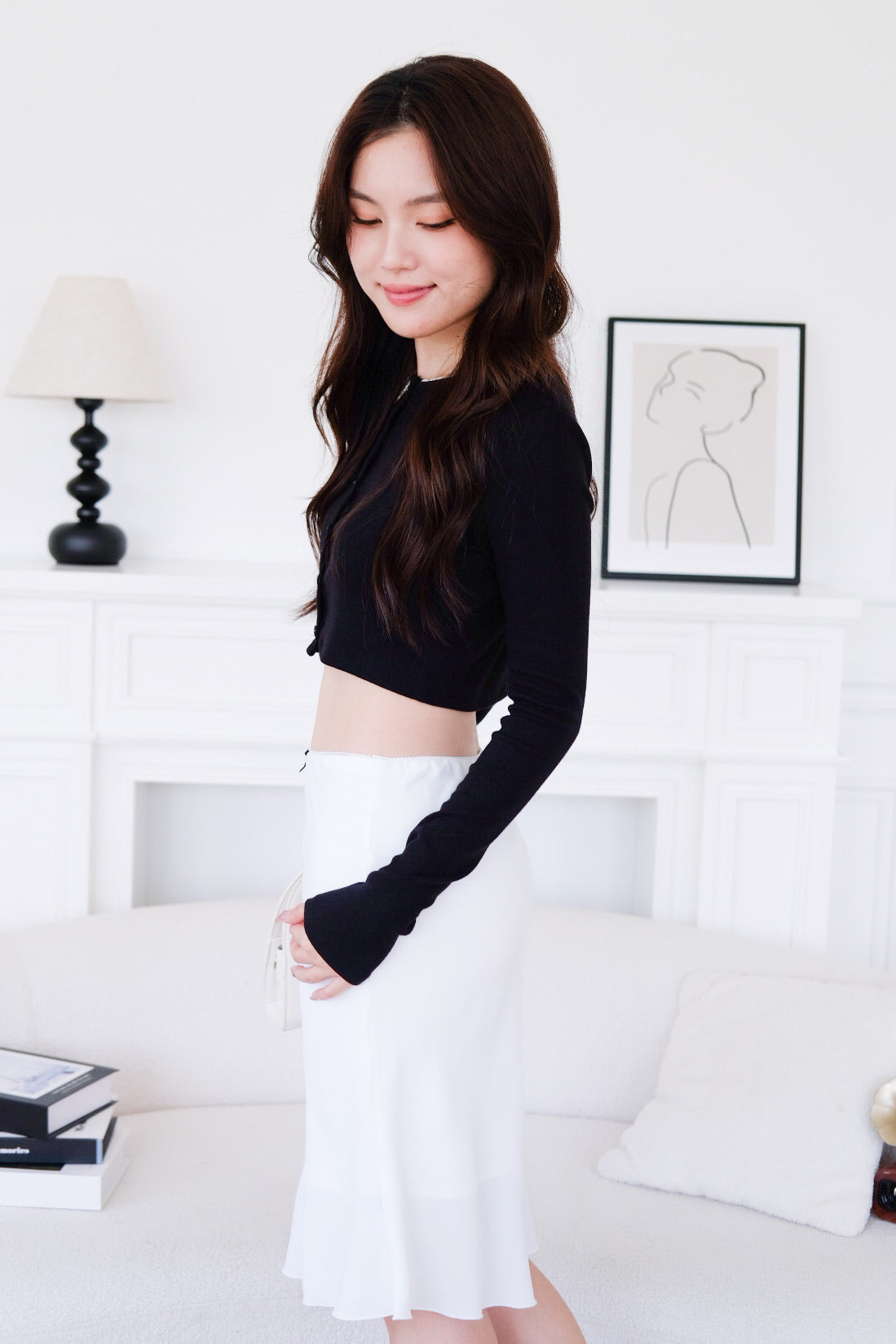 Clarise Mini Bow Knee Length Flare Skirt (Plain White)