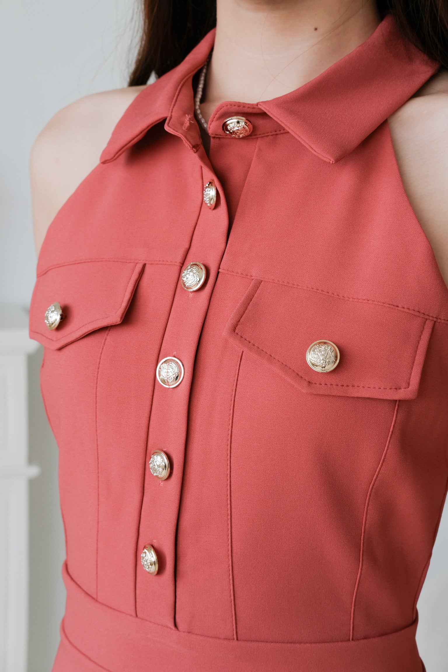 Dionne Gold Button Collared Romper (Brick Red)