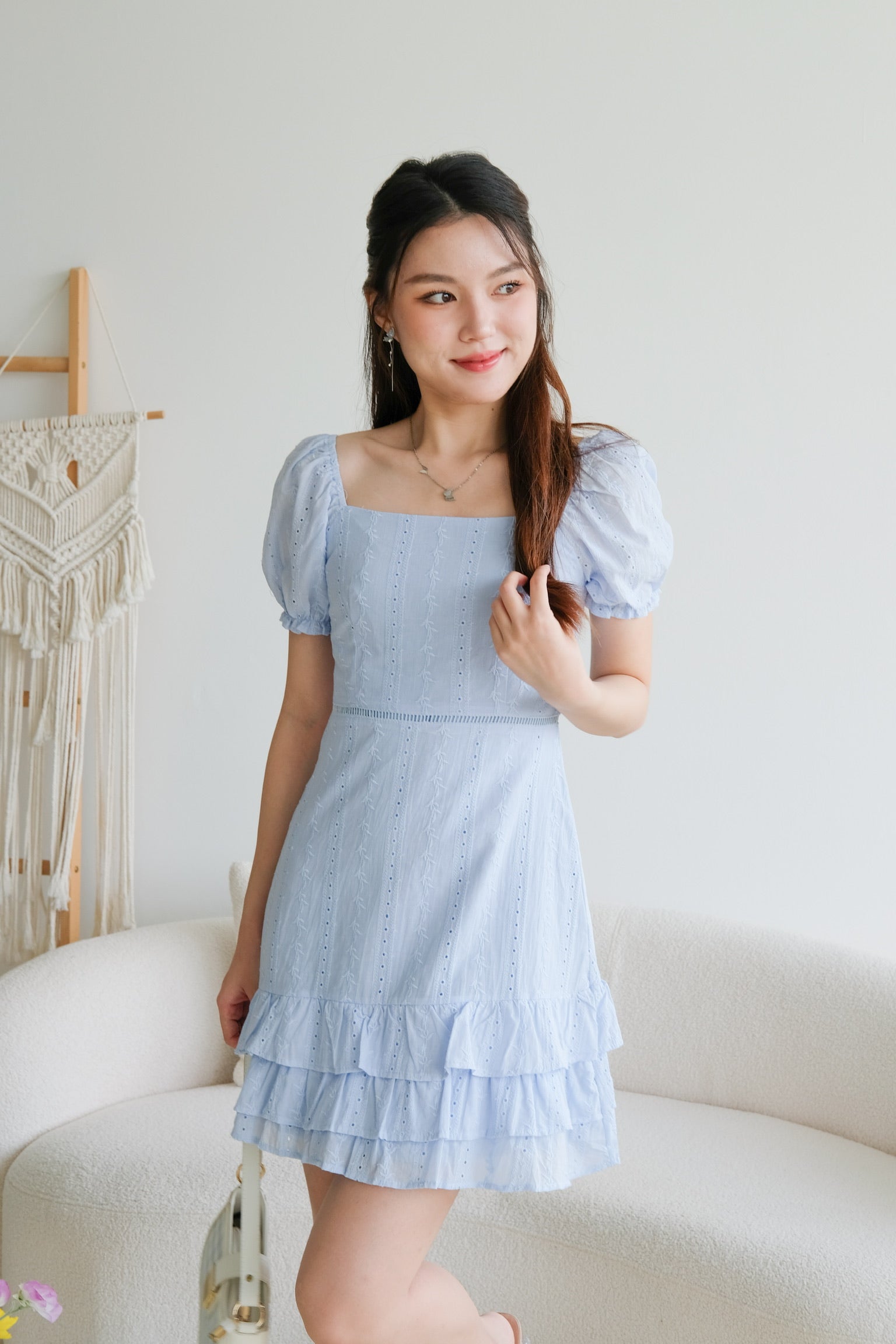 Evelyn Eyelet Ruffle Dress (Sea Blue)