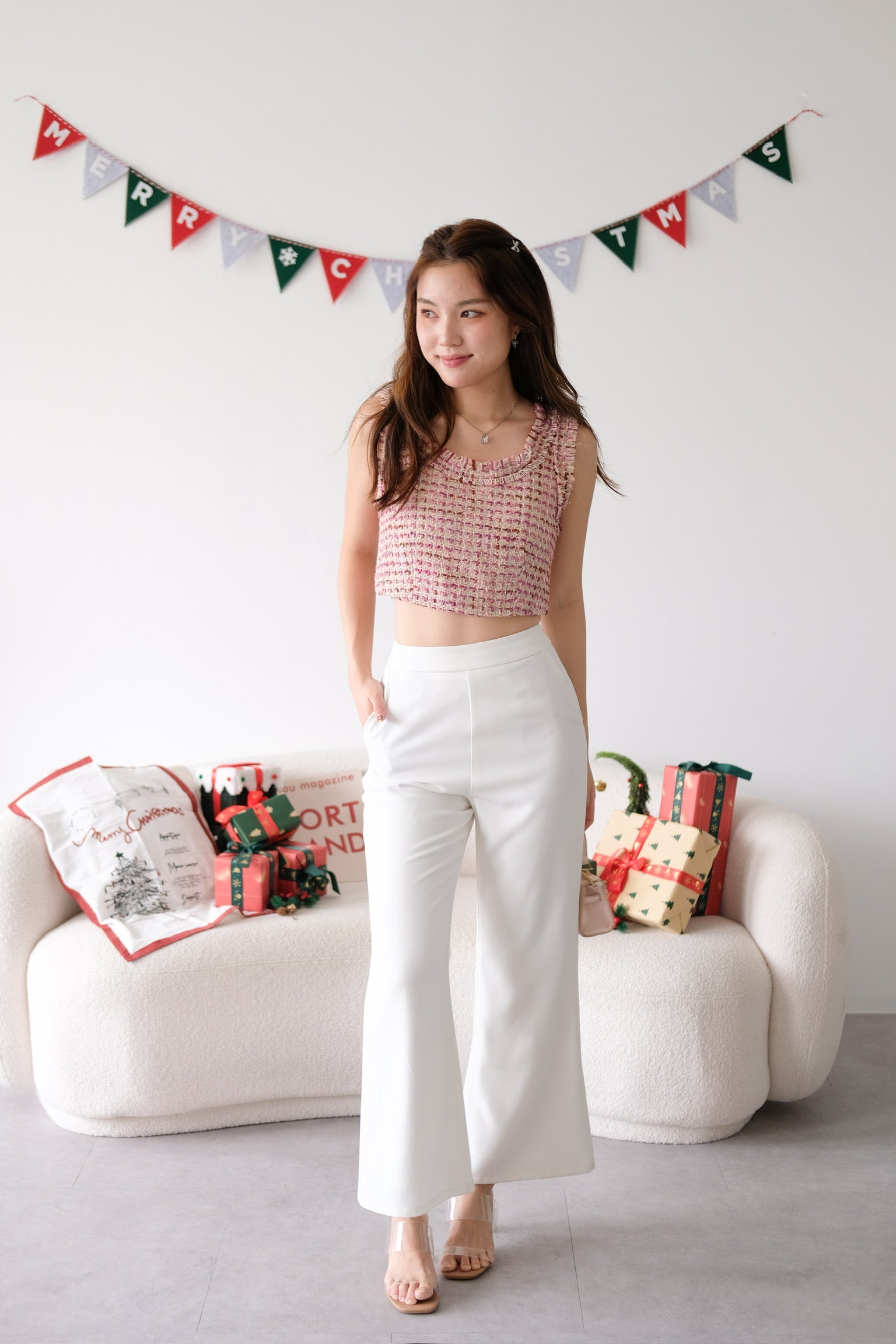 Mirea Frills Tweed Crop Top (Magenta)