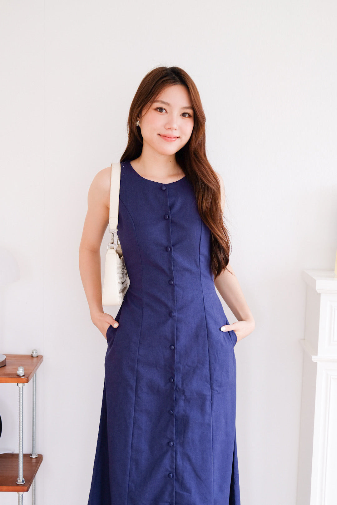 Arlette Button Linen Maxi Dress (Navy Blue) [ ETA 13 Oct ]