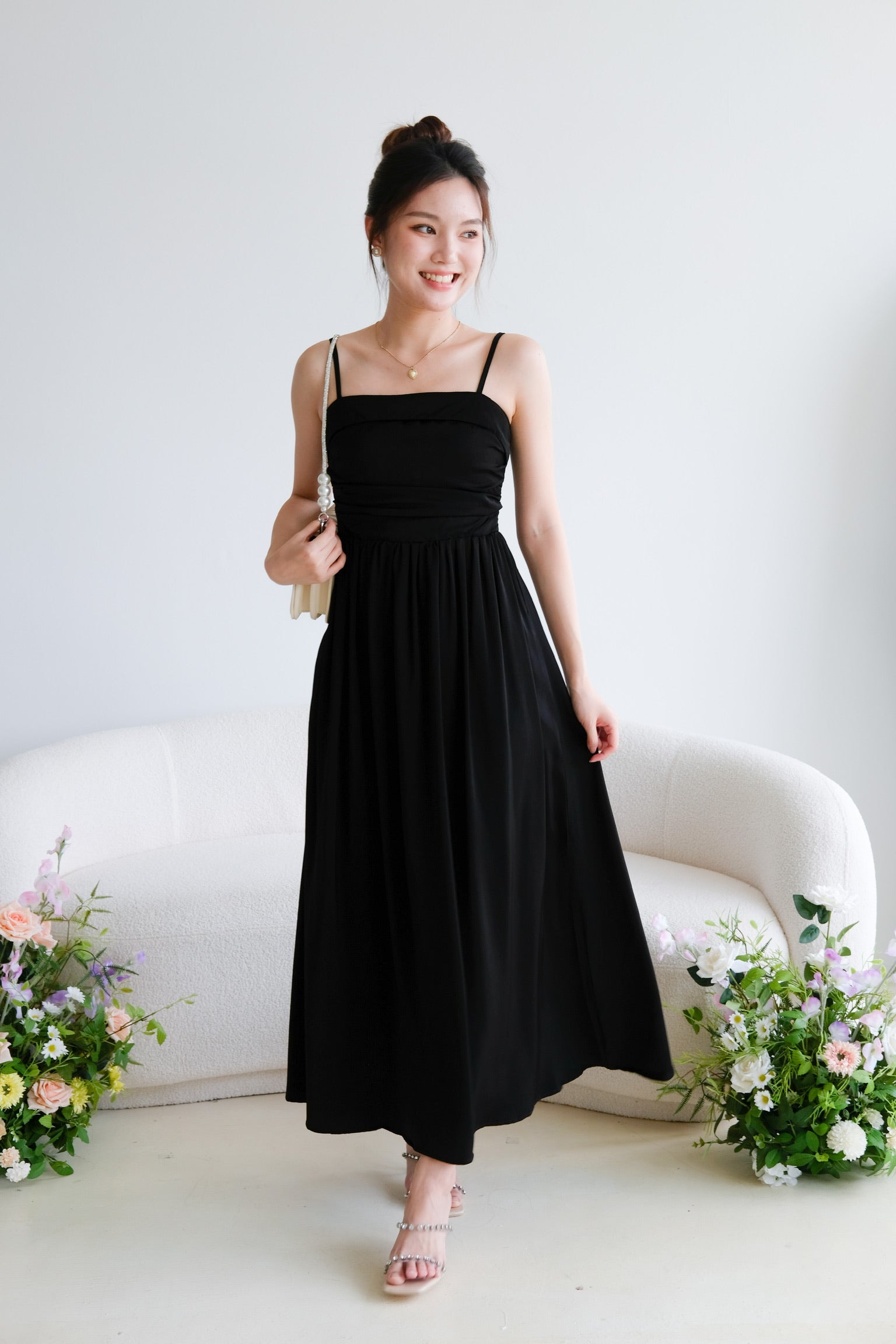 Helen Ruched Flare Maxi Dress (Black)