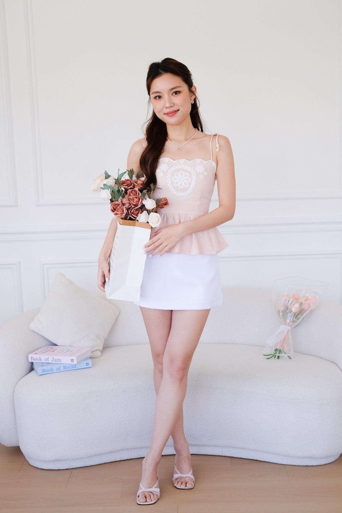 Lyanne Eyelet Linen Peplum Top (Light Pink)