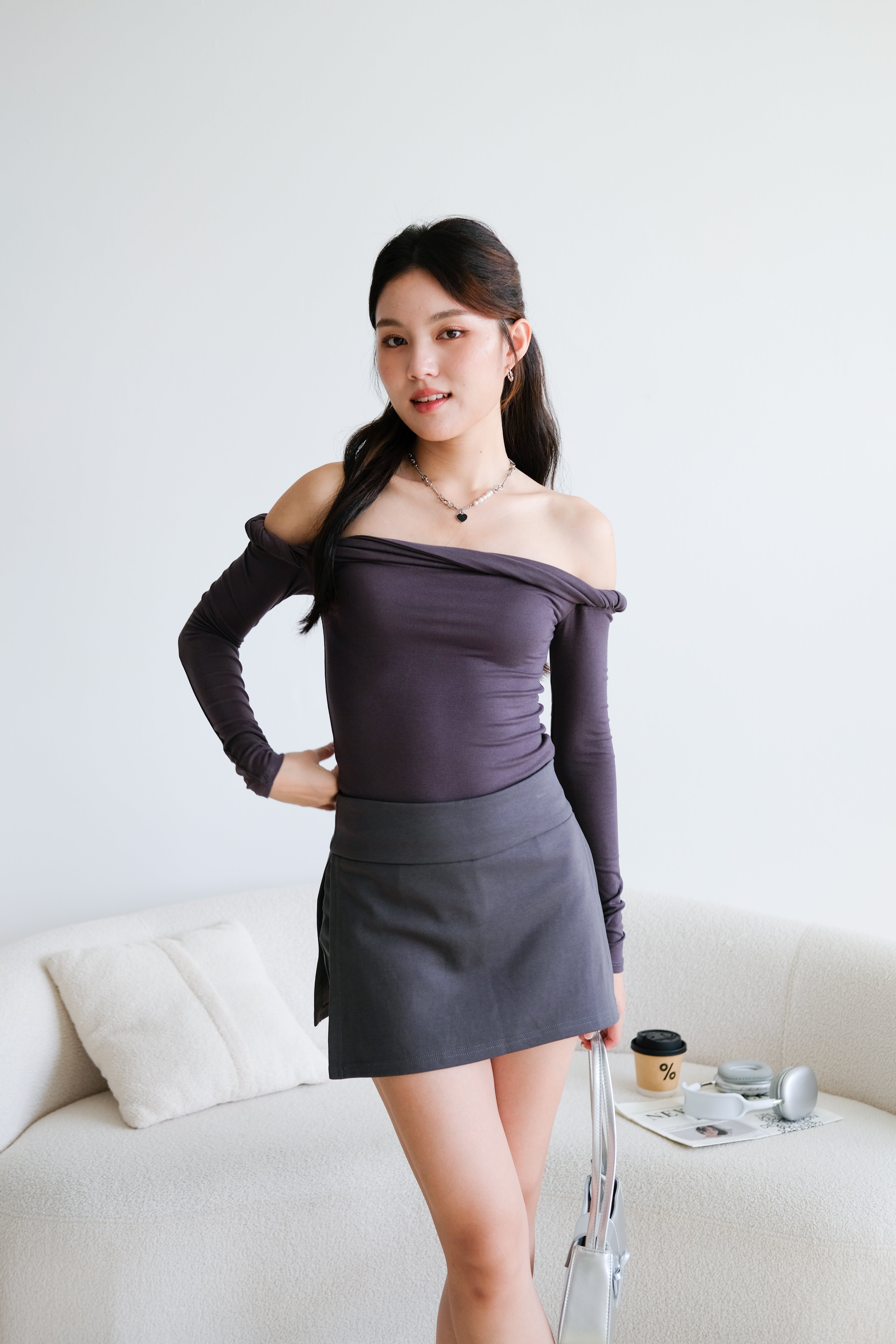 Level Up Twist Off Shoulder Top (Steel Grey)