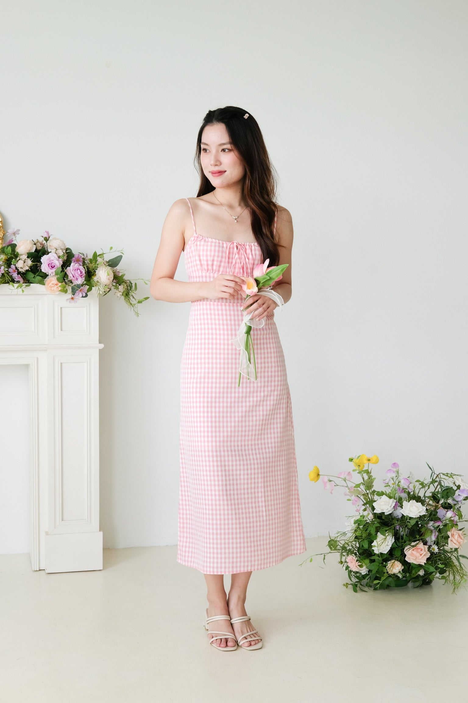 Veronnie Ruched Plaid Midi Dress (Pink)