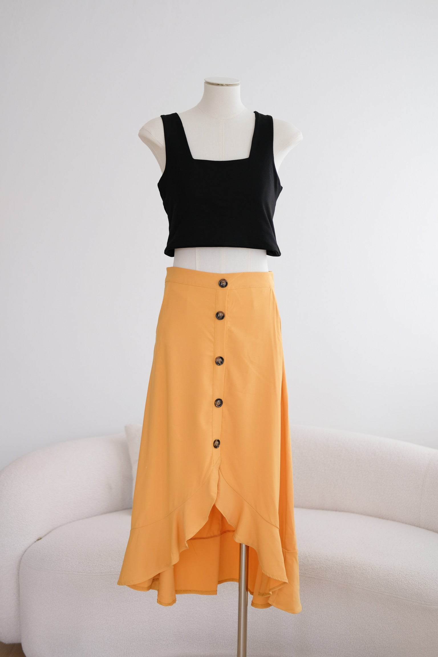 Orange Buttons Ruffle Midi Skirt