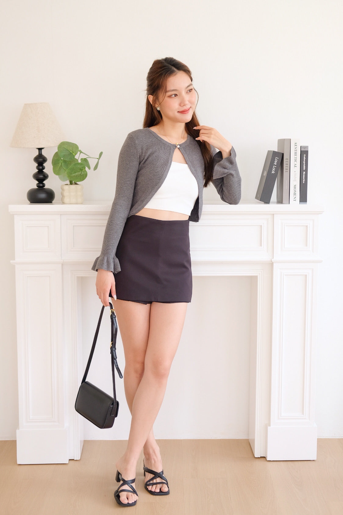 Corrine Bell Sleeves Cropped Cardigan (Dark Grey)