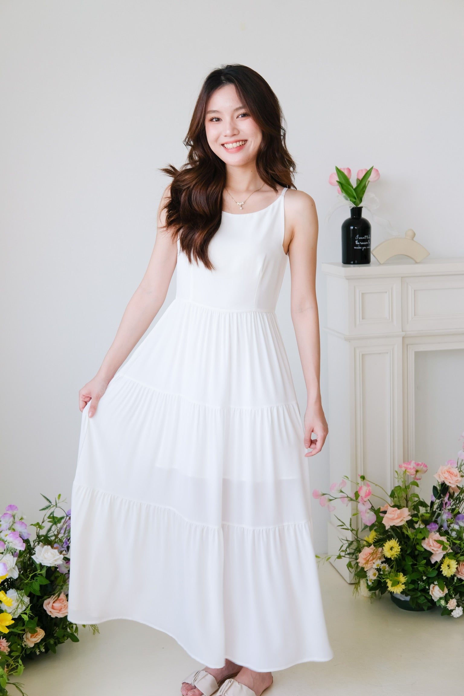 Bernice Boatneck Tiered Maxi Dress (White)