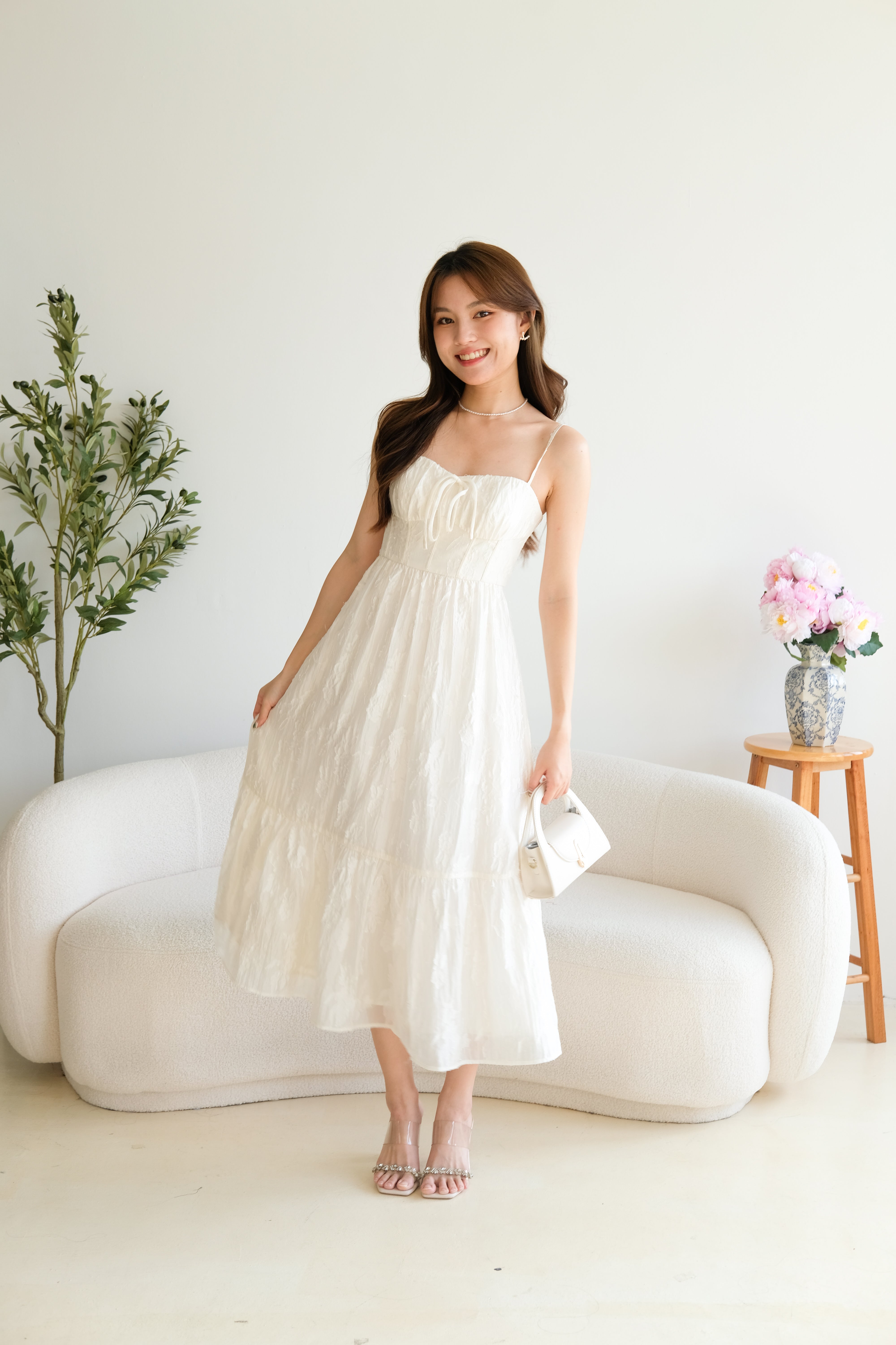 Whimsical Padded Organza Floral Maxi Dress (Cream)