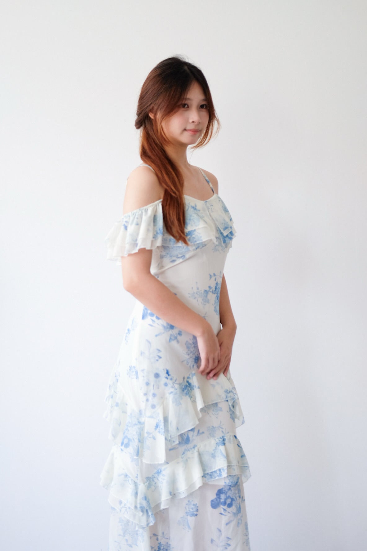Blue Floral Off Shoulder Ruffle Maxi Dress